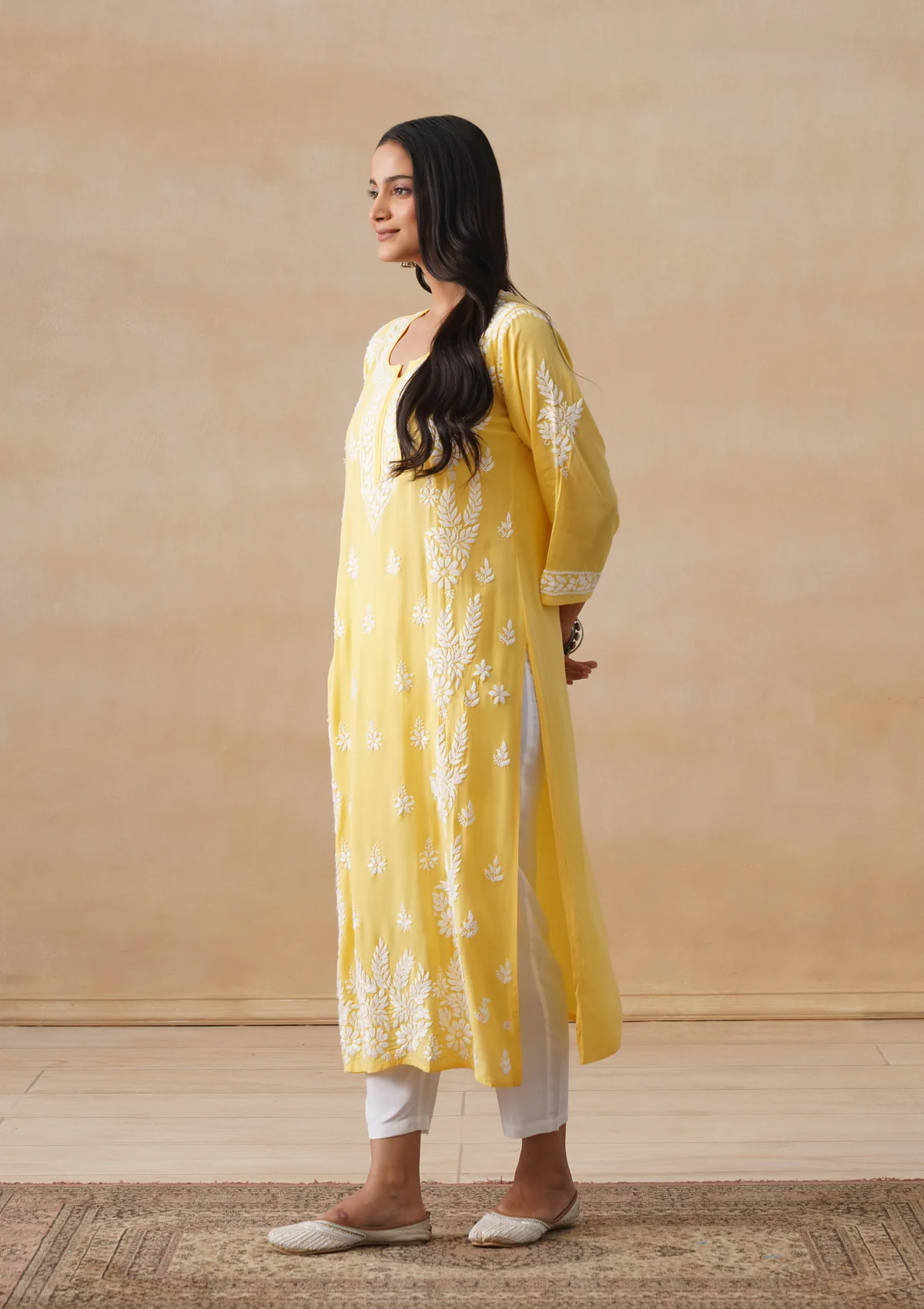 HOC Modal Chikankari Solid Women's Long Kurta - Yellow - Image 2