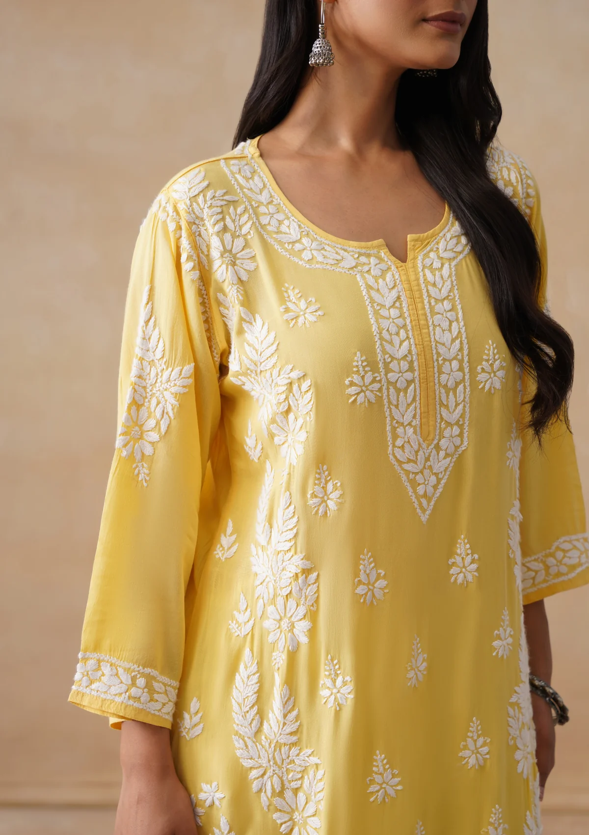 HOC Modal Chikankari Solid Women's Long Kurta - Yellow - Image 3
