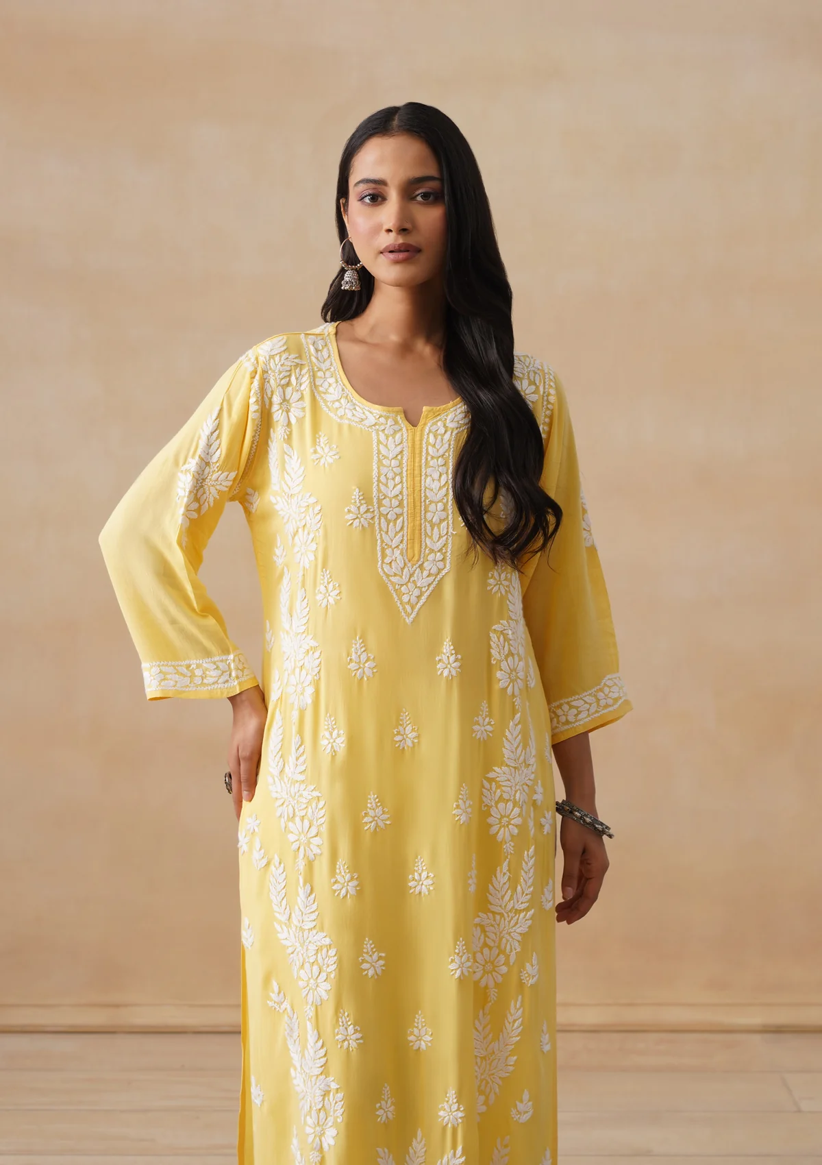 HOC Modal Chikankari Solid Women's Long Kurta - Yellow - Image 5