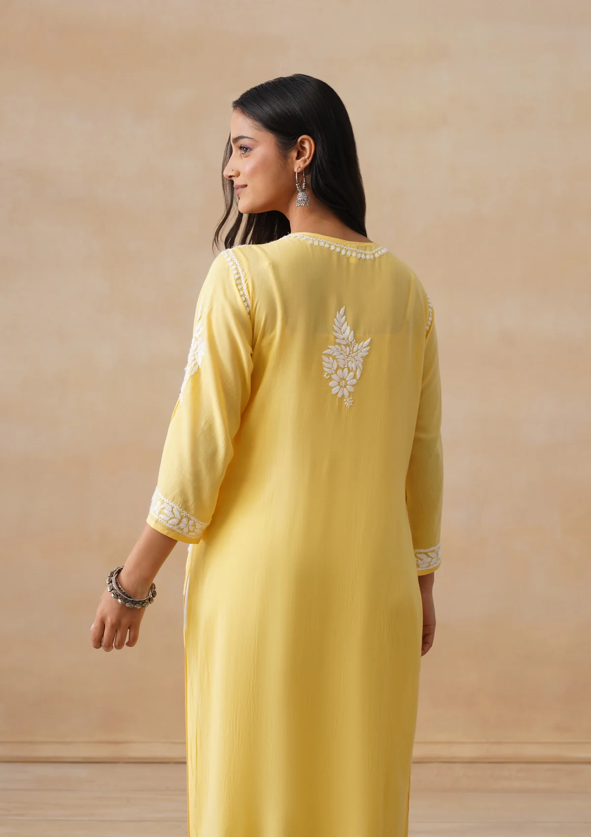 HOC Modal Chikankari Solid Women's Long Kurta - Yellow - Image 8