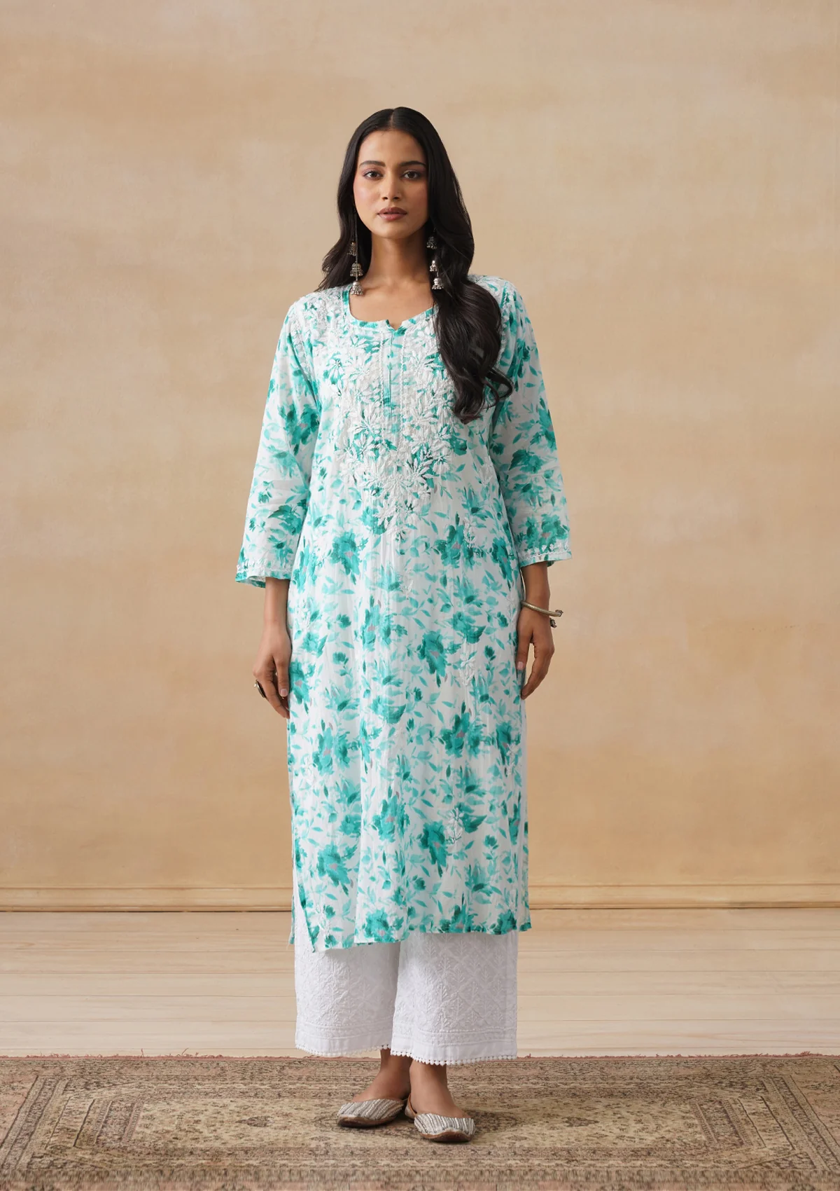 HOC Mulmul Chikankari Printed Women's Long Kurta - Light Blue