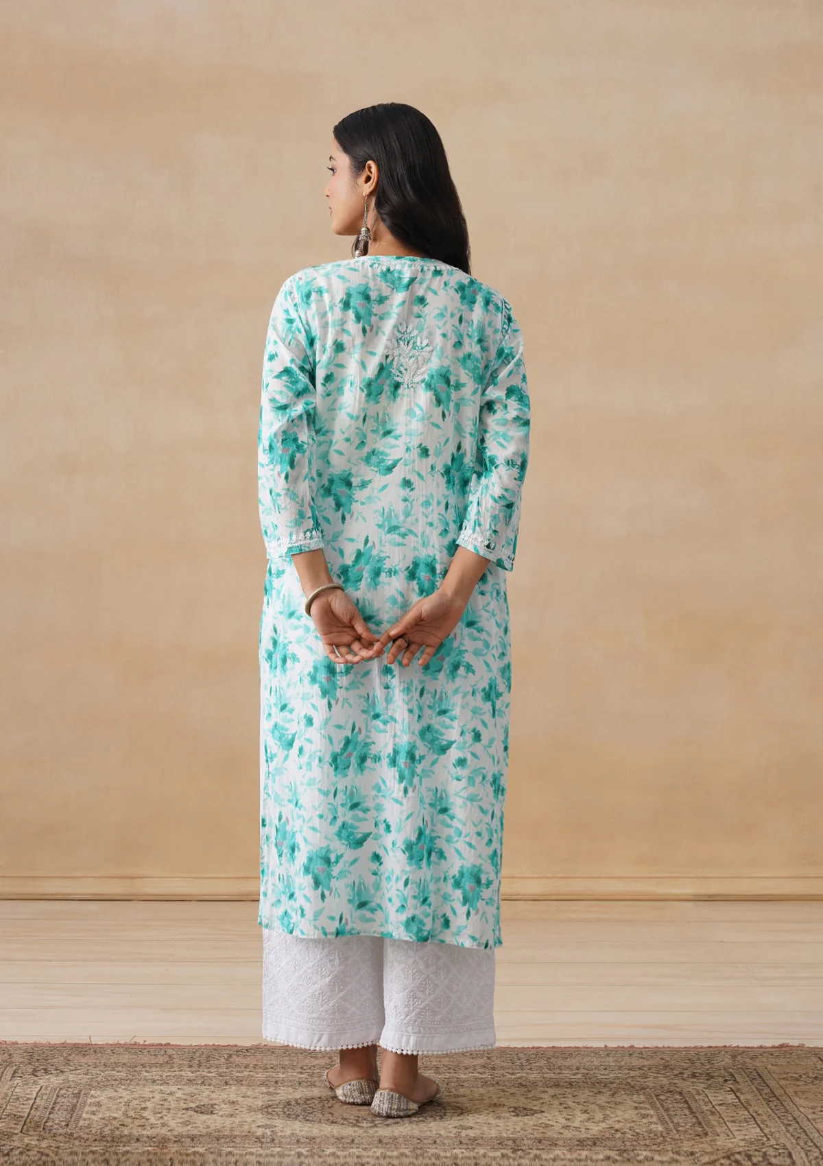 HOC Mulmul Chikankari Printed Women's Long Kurta - Light Blue - Image 11