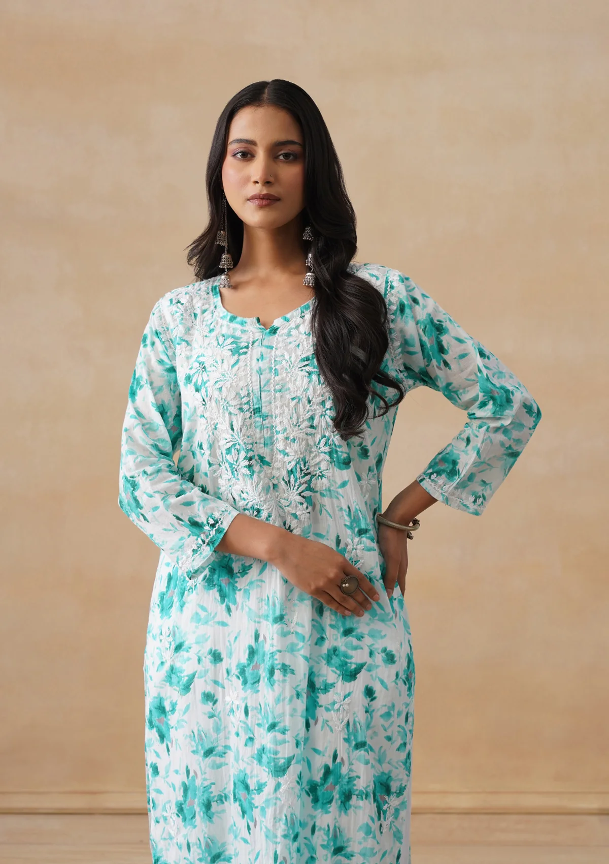 HOC Mulmul Chikankari Printed Women's Long Kurta - Light Blue - Image 2