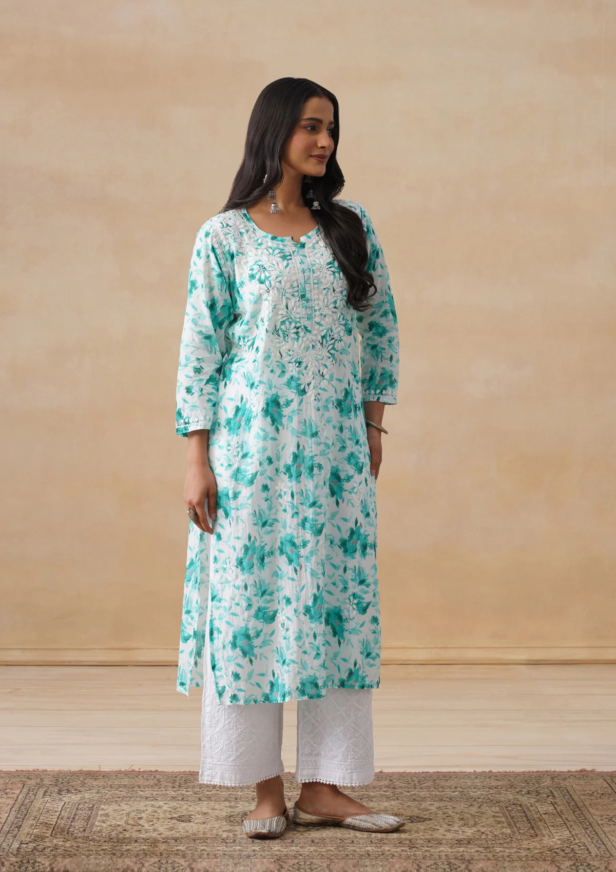 HOC Mulmul Chikankari Printed Women's Long Kurta - Light Blue - Image 6