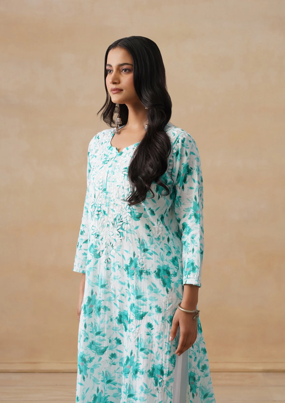 HOC Mulmul Chikankari Printed Women's Long Kurta - Light Blue - Image 8