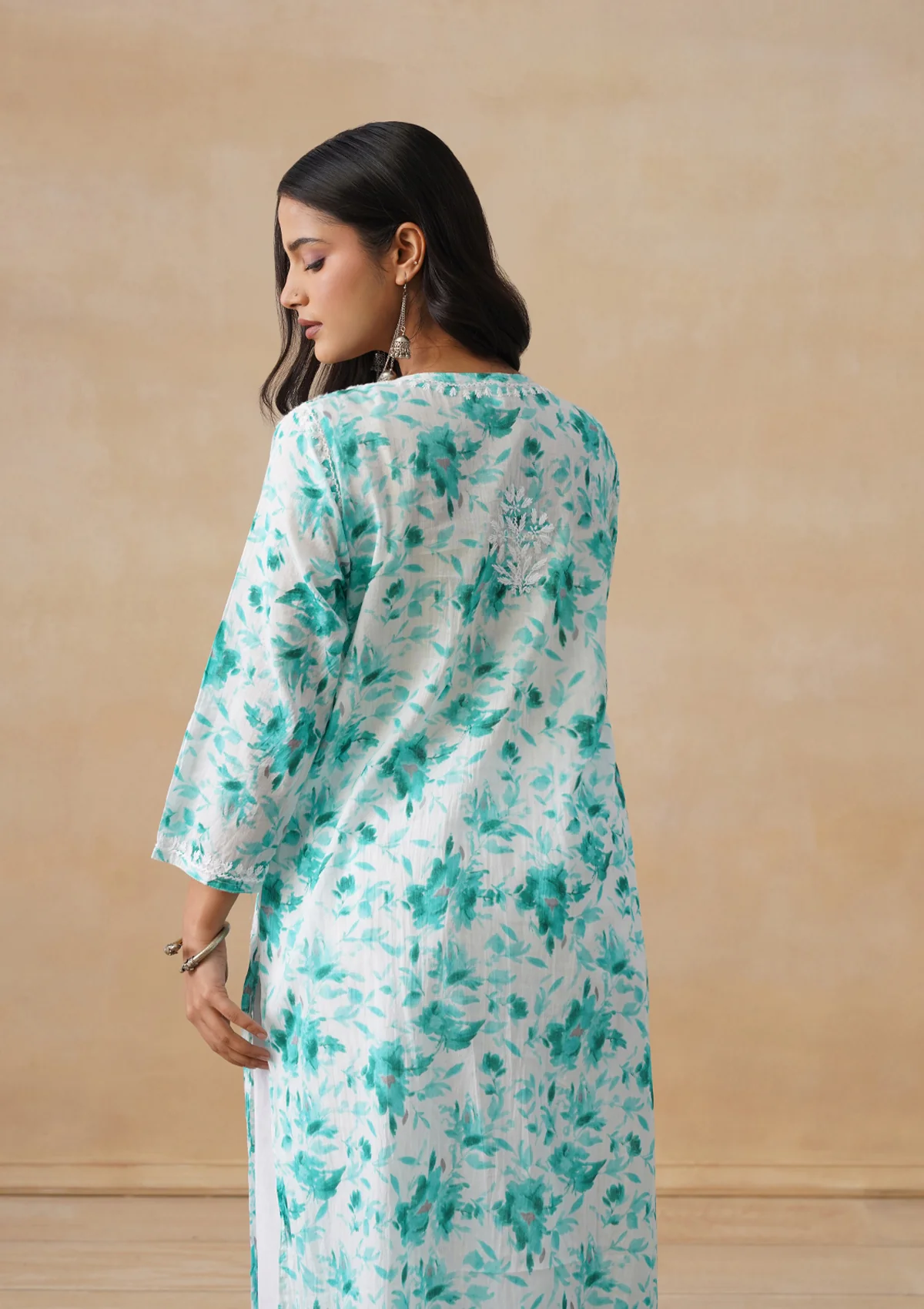 HOC Mulmul Chikankari Printed Women's Long Kurta - Light Blue - Image 9