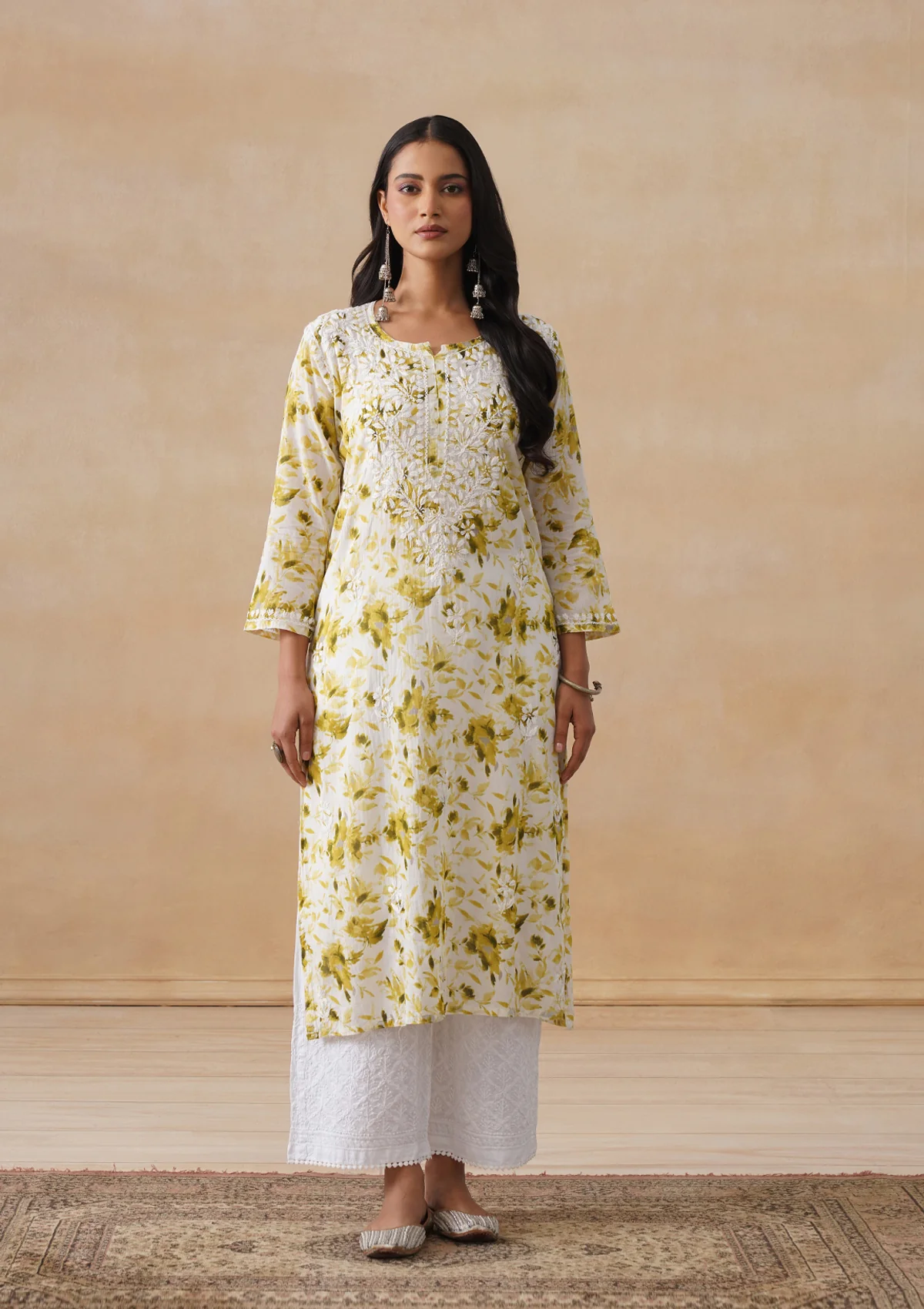 HOC Mulmul Chikankari Printed Women's Long Kurta - Olive