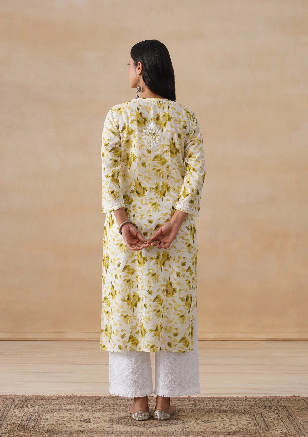 HOC Mulmul Chikankari Printed Women's Long Kurta - Olive - Image 10