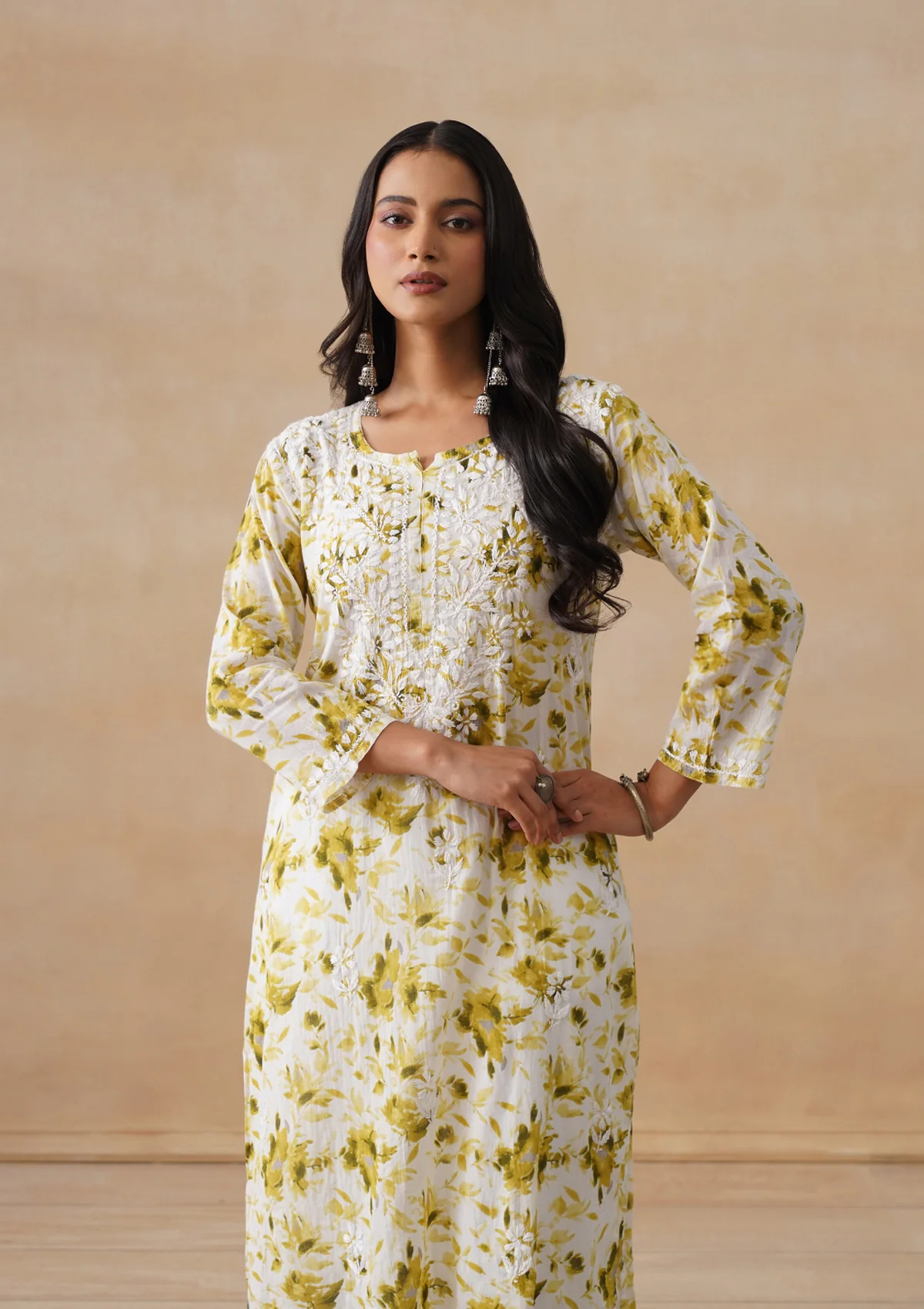 HOC Mulmul Chikankari Printed Women's Long Kurta - Olive - Image 2