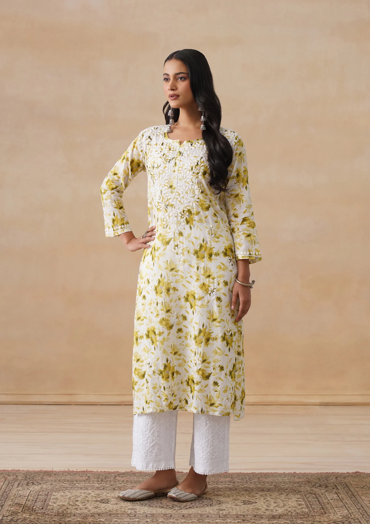 HOC Mulmul Chikankari Printed Women's Long Kurta - Olive - Image 3