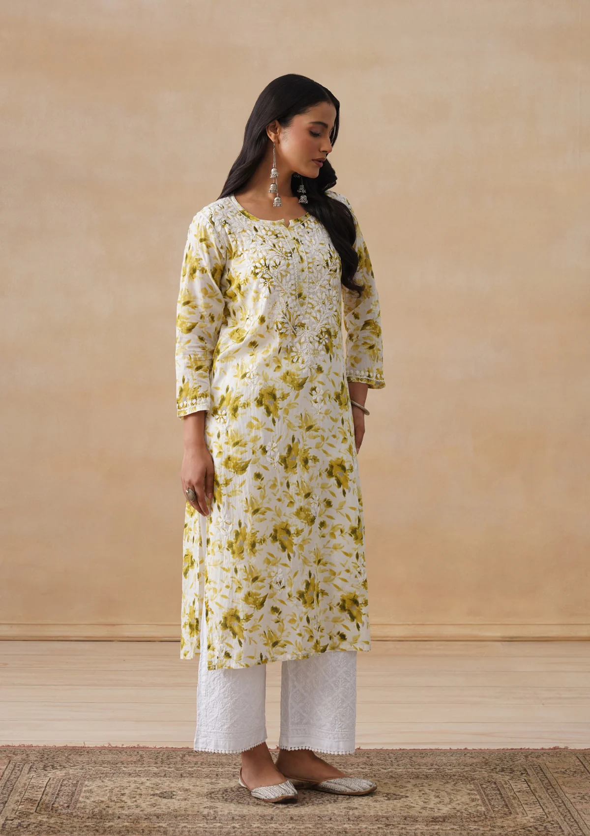 HOC Mulmul Chikankari Printed Women's Long Kurta - Olive - Image 5