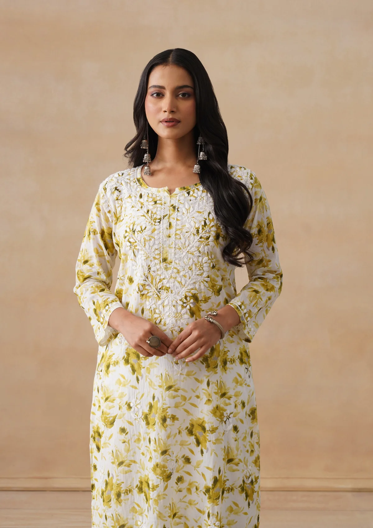 HOC Mulmul Chikankari Printed Women's Long Kurta - Olive - Image 6