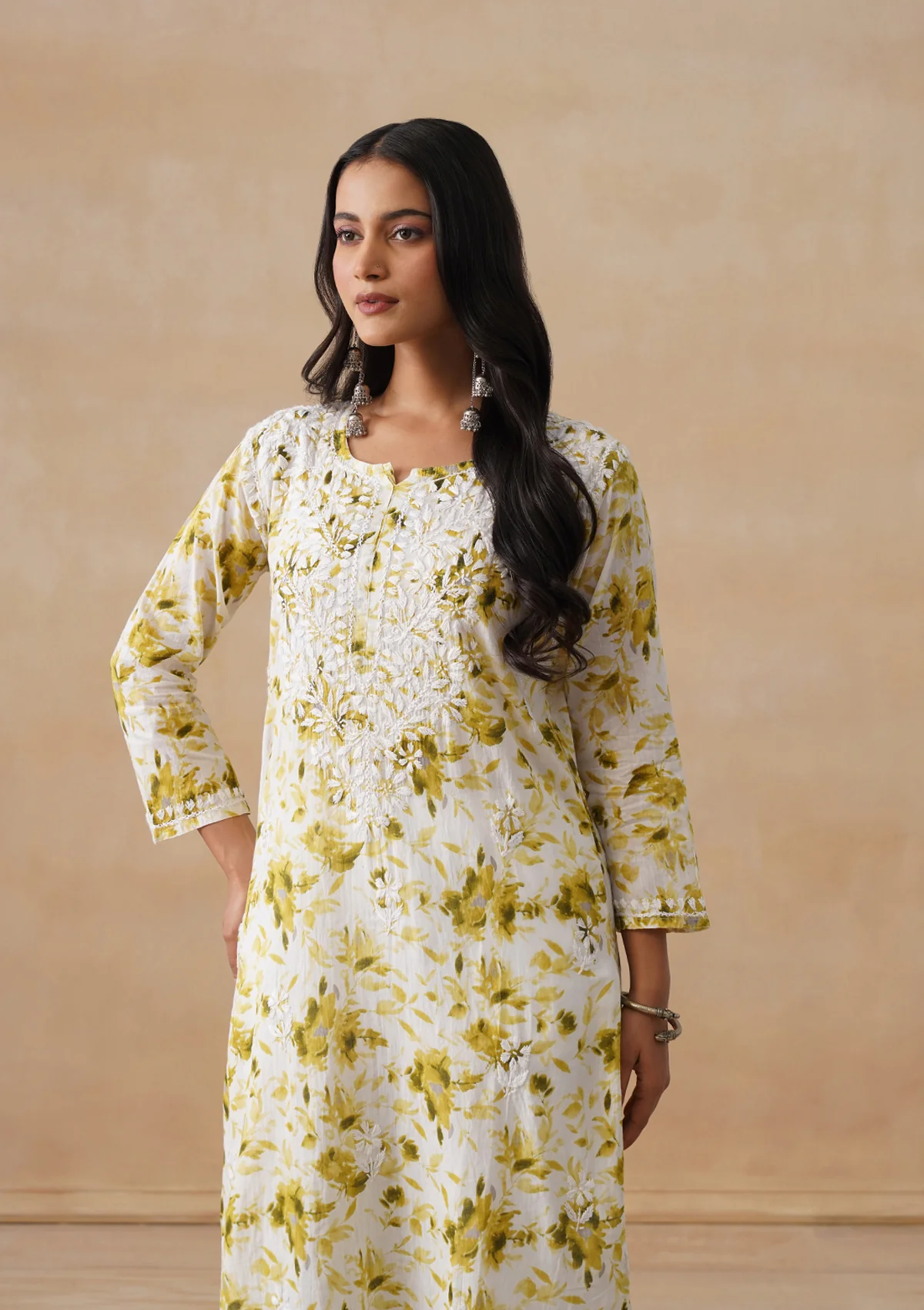 HOC Mulmul Chikankari Printed Women's Long Kurta - Olive - Image 7