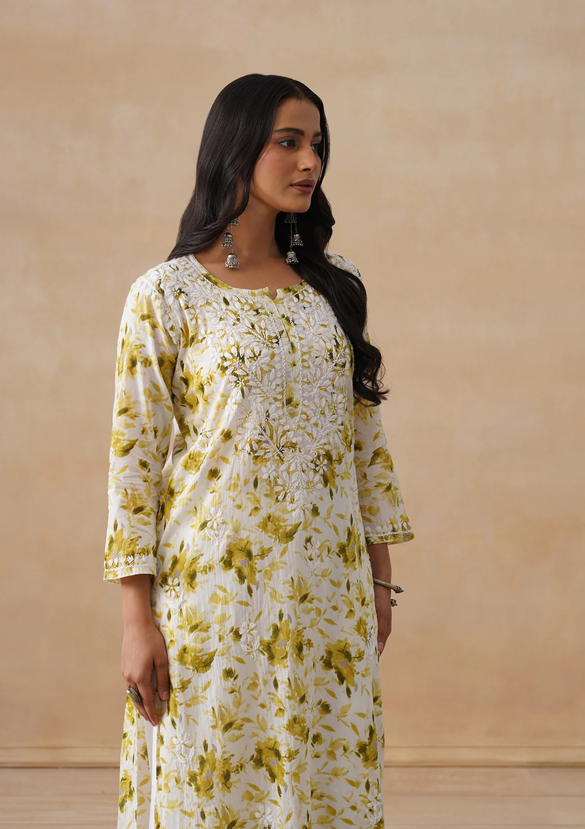HOC Mulmul Chikankari Printed Women's Long Kurta - Olive - Image 8