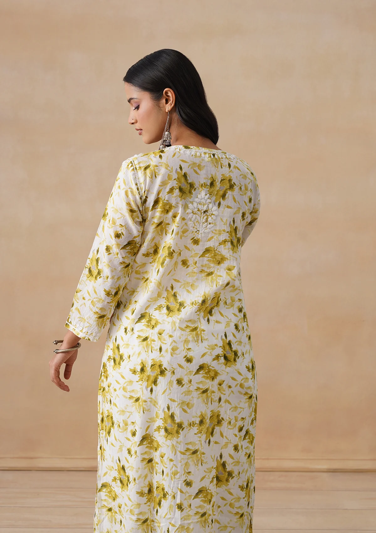 HOC Mulmul Chikankari Printed Women's Long Kurta - Olive - Image 9