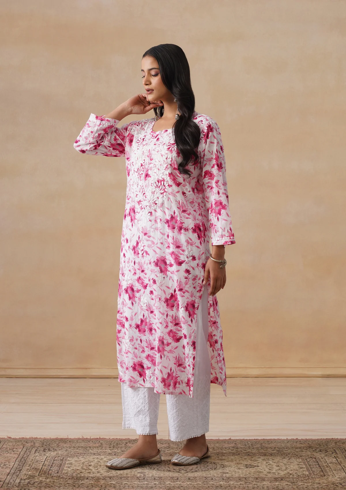HOC Mulmul Chikankari Printed Women's Long Kurta - Pink - Image 3