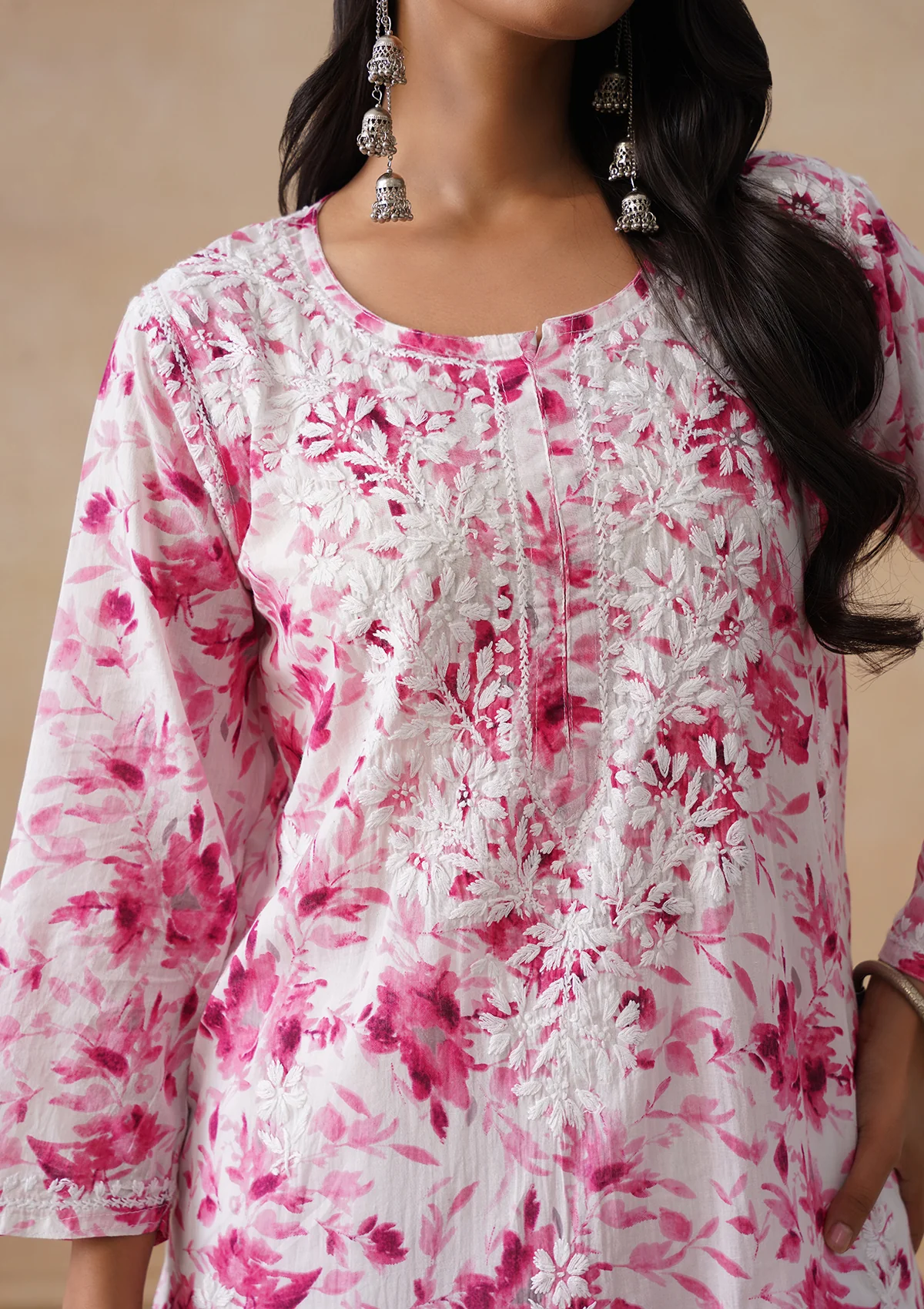 HOC Mulmul Chikankari Printed Women's Long Kurta - Pink - Image 4