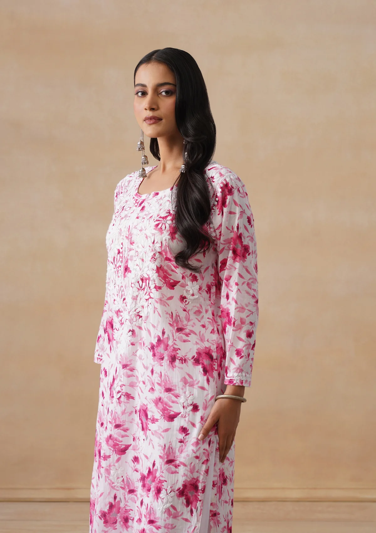 HOC Mulmul Chikankari Printed Women's Long Kurta - Pink - Image 6