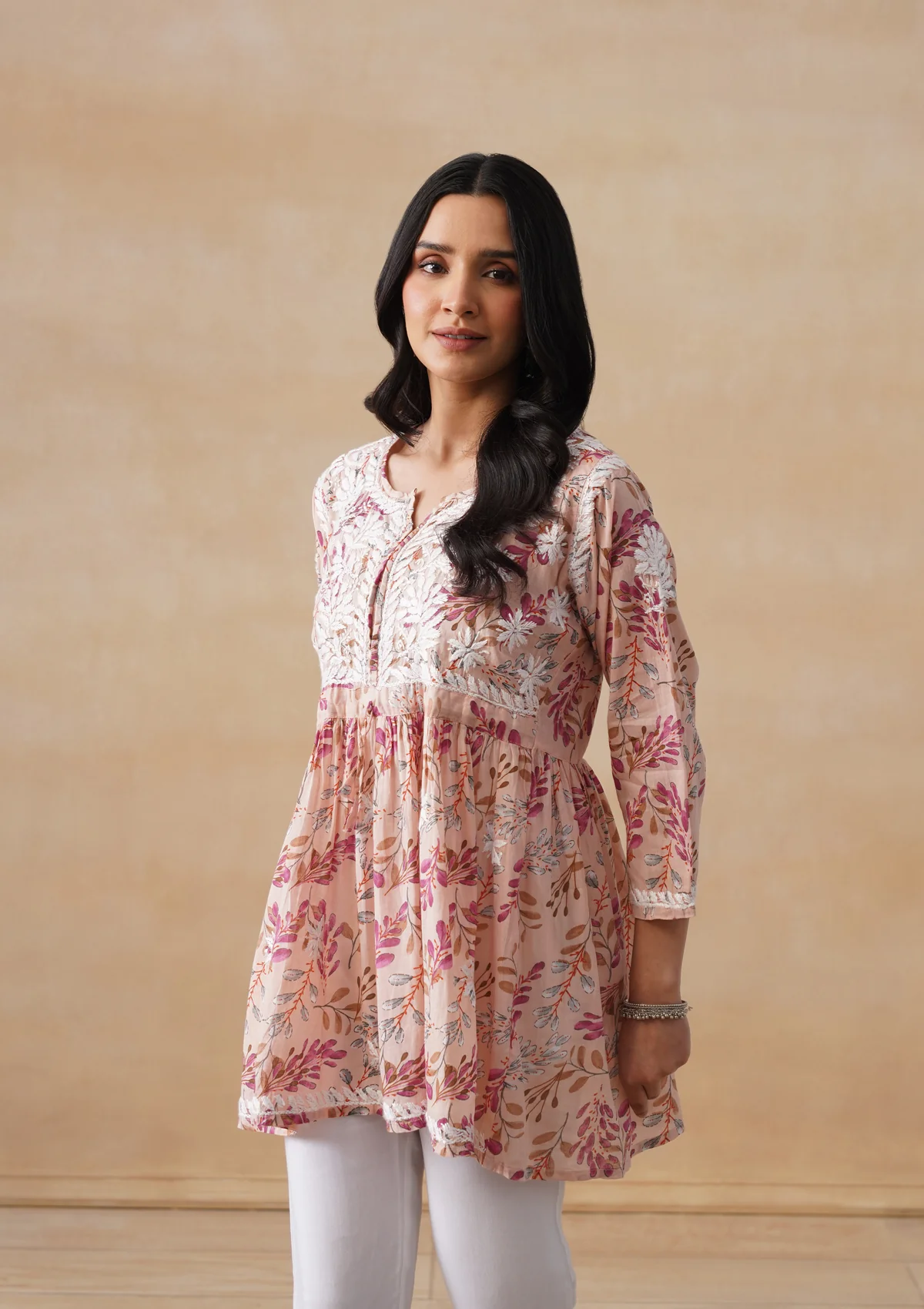 HOC Mulmul Chikankari Printed Women's Short Kurta - Beige - Image 2