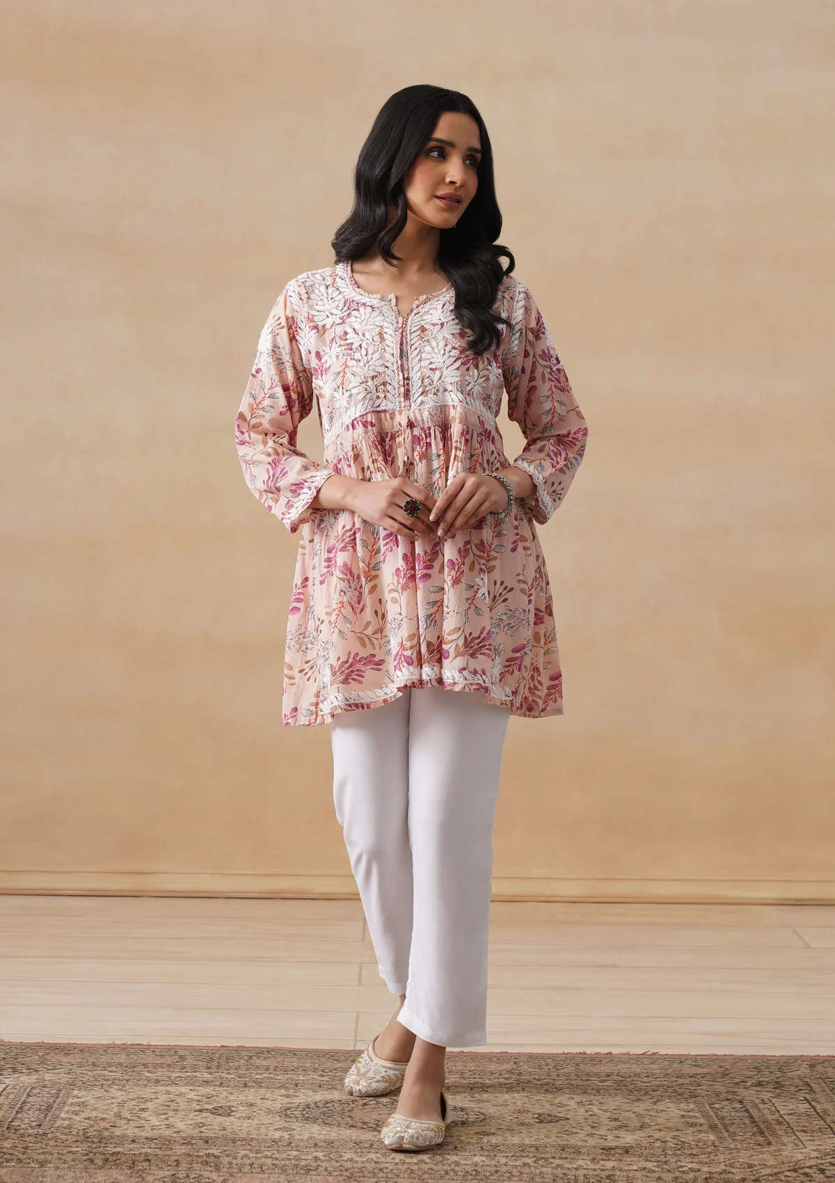 HOC Mulmul Chikankari Printed Women's Short Kurta - Beige - Image 3