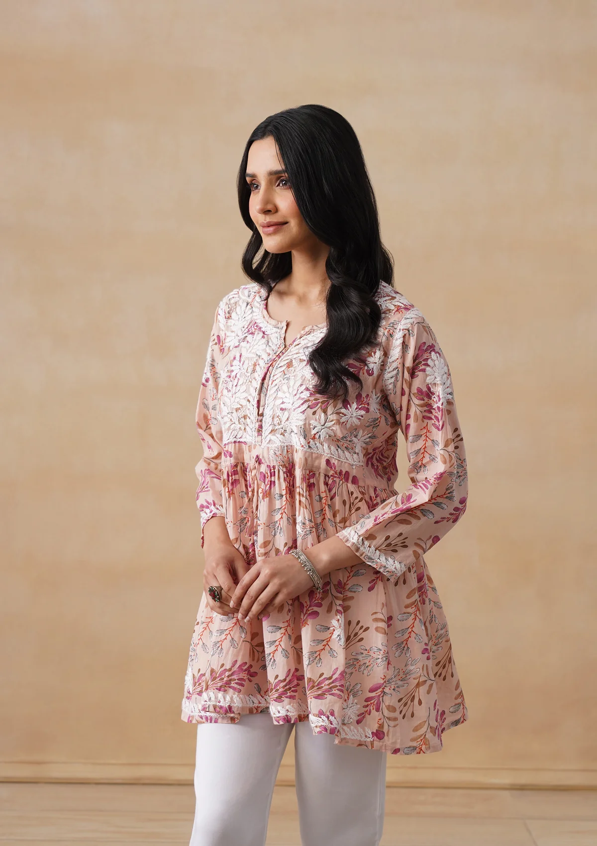 HOC Mulmul Chikankari Printed Women's Short Kurta - Beige - Image 4