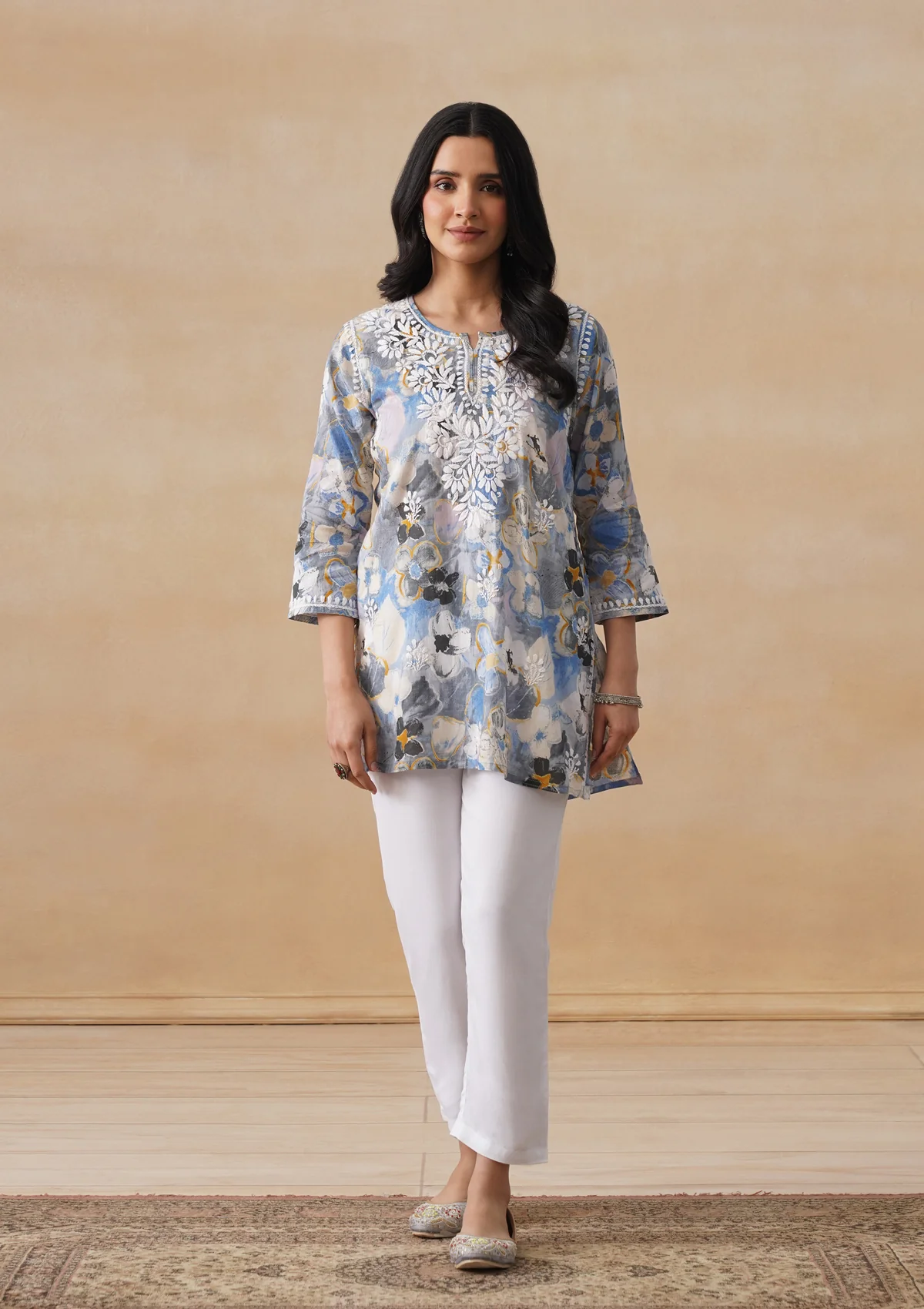 HOC Mulmul Chikankari Printed Women's Short Kurta - Blue - Image 3
