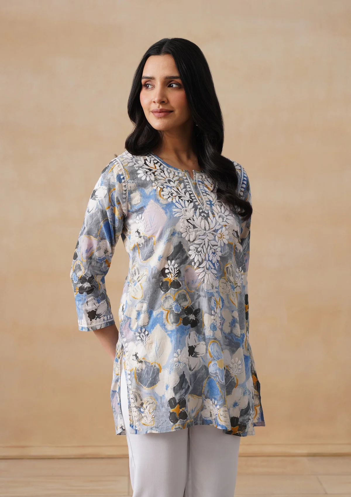 HOC Mulmul Chikankari Printed Women's Short Kurta - Blue - Image 4