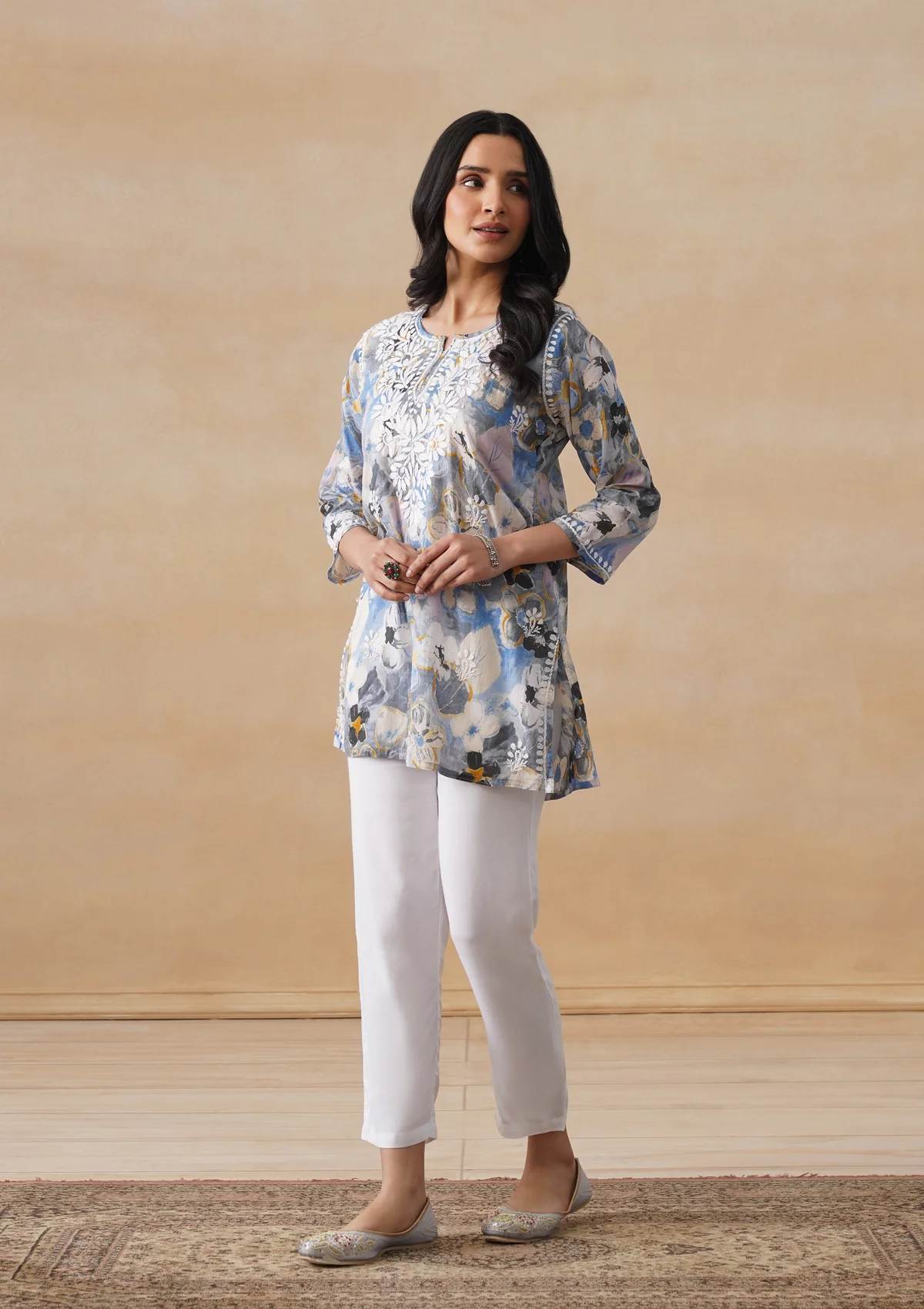 HOC Mulmul Chikankari Printed Women's Short Kurta - Blue - Image 5