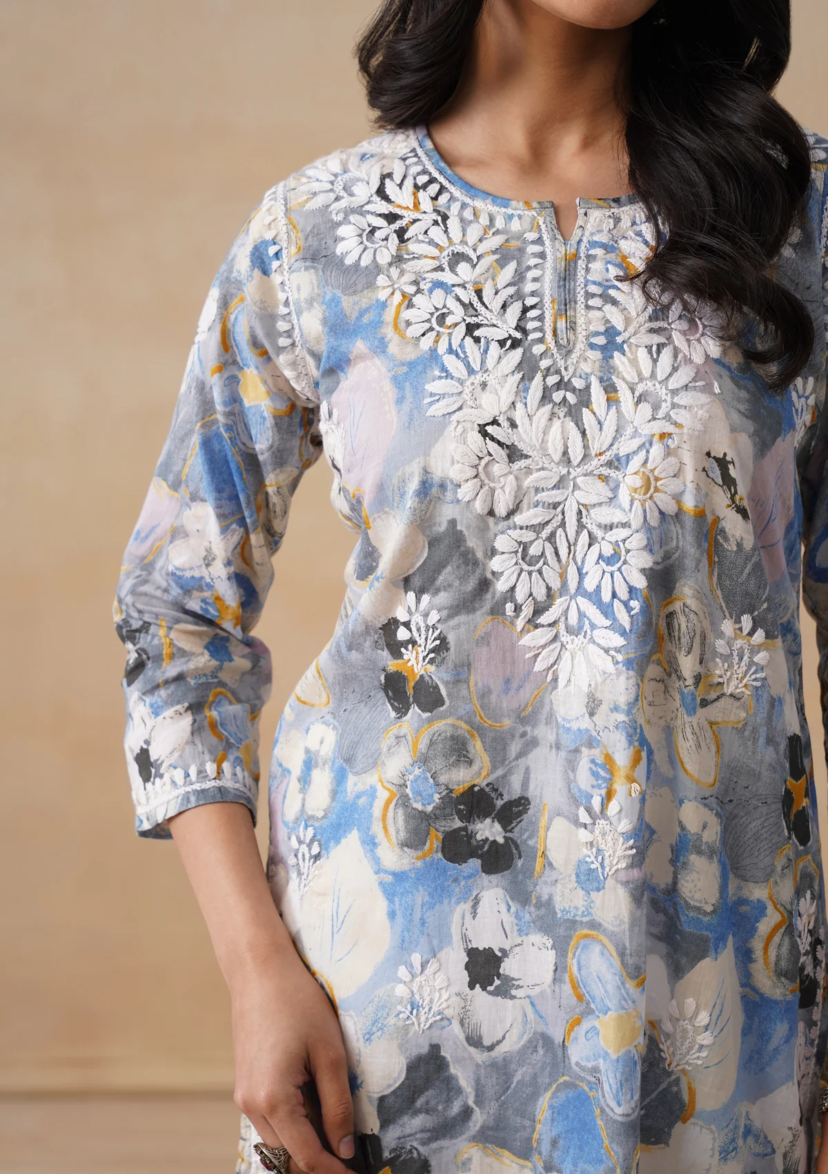 HOC Mulmul Chikankari Printed Women's Short Kurta - Blue - Image 6