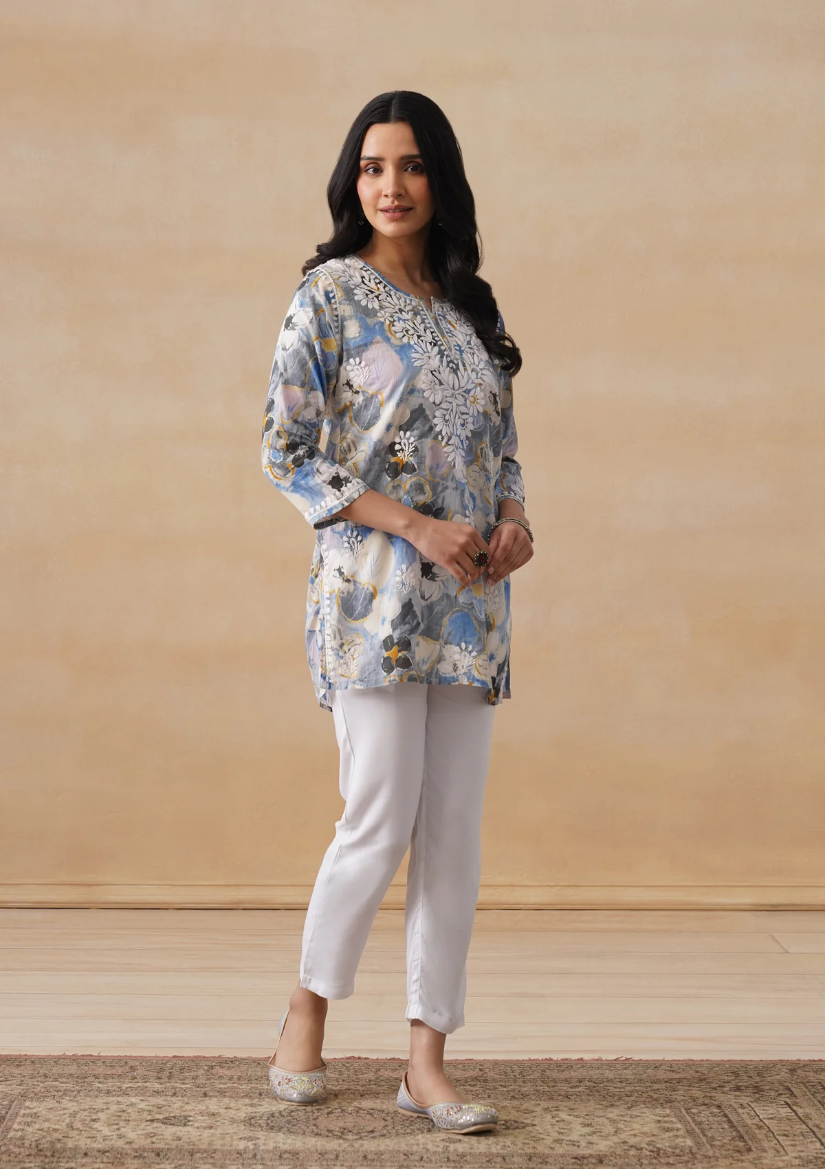 HOC Mulmul Chikankari Printed Women's Short Kurta - Blue - Image 7