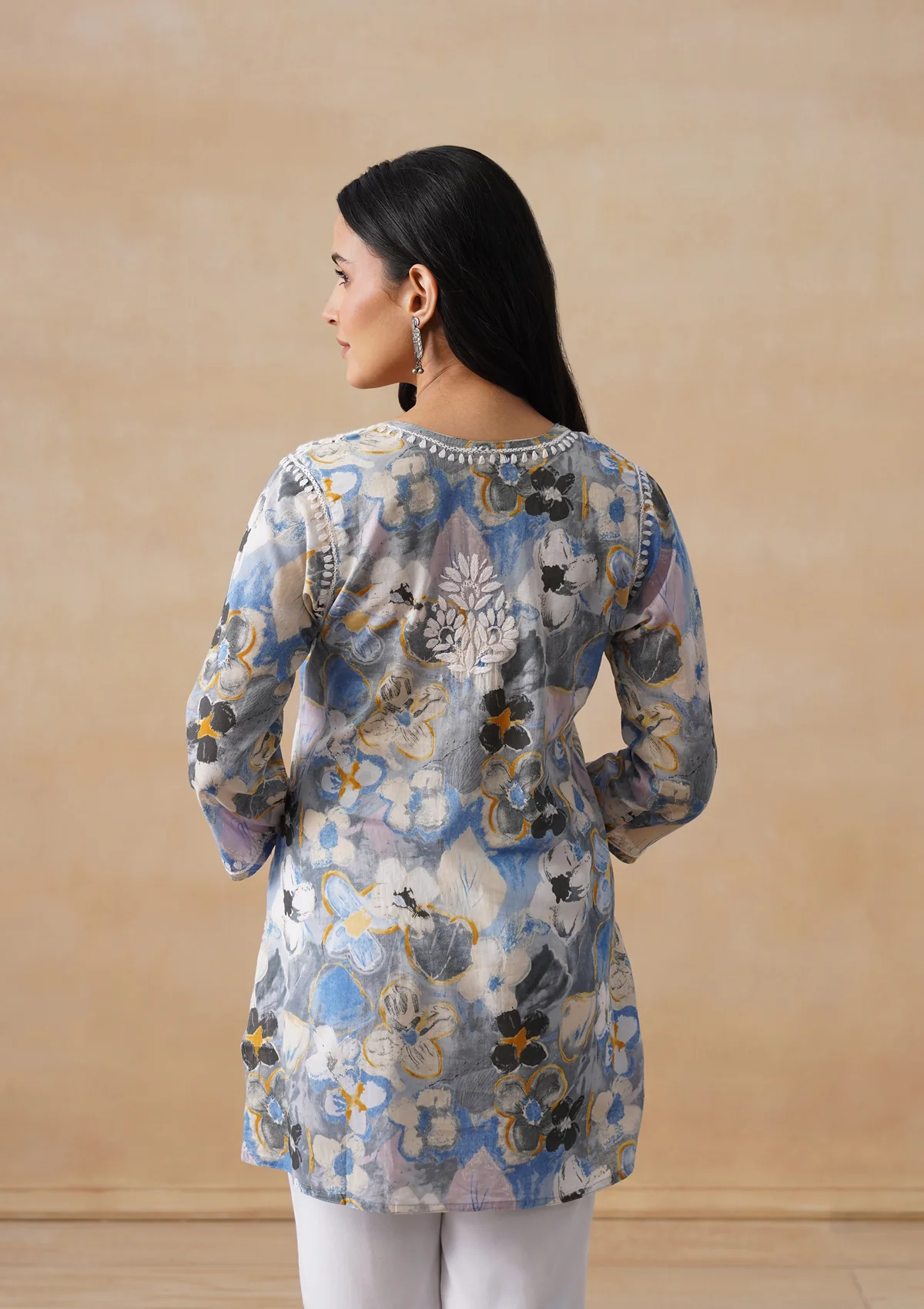 HOC Mulmul Chikankari Printed Women's Short Kurta - Blue - Image 8