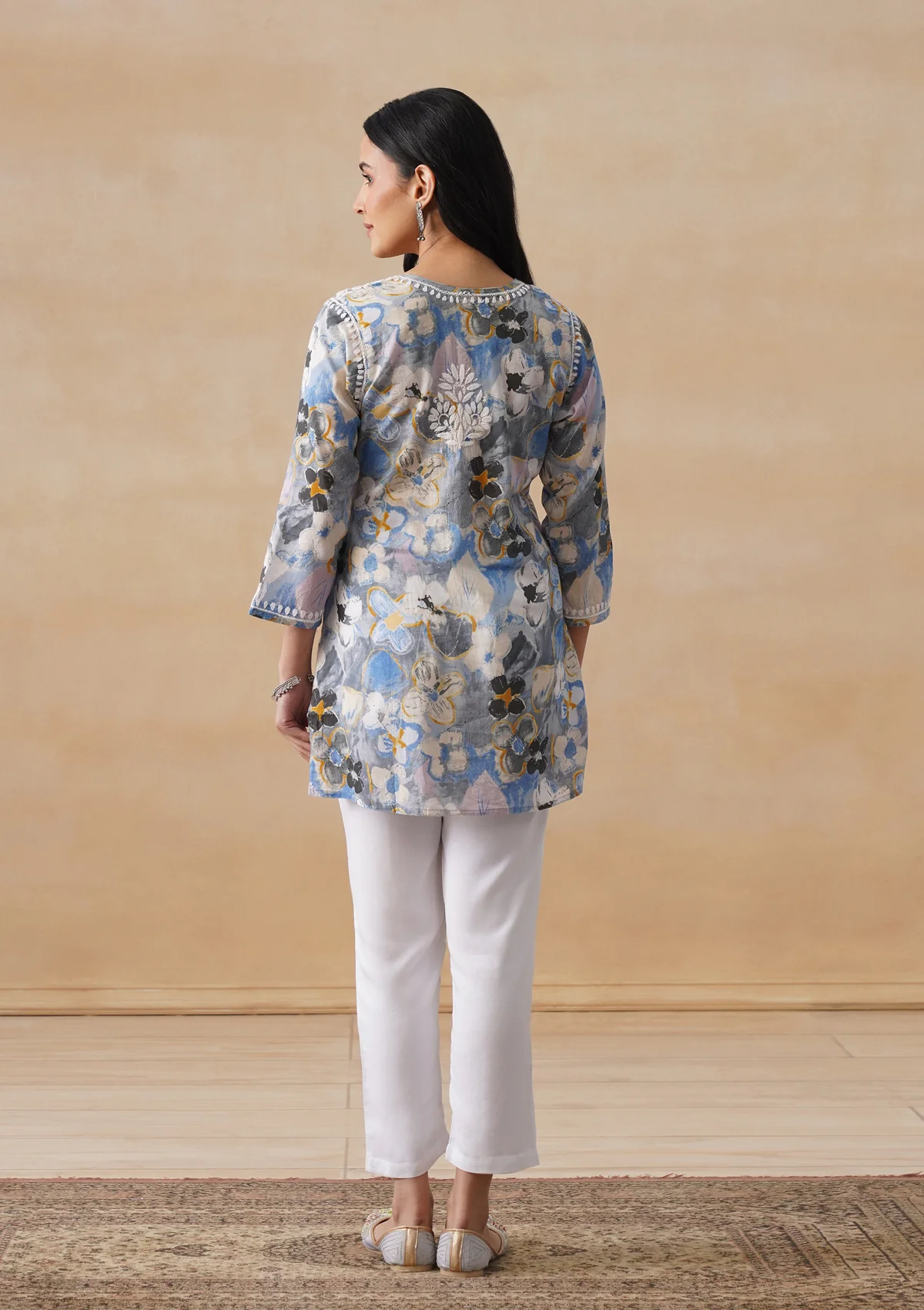 HOC Mulmul Chikankari Printed Women's Short Kurta - Blue - Image 9