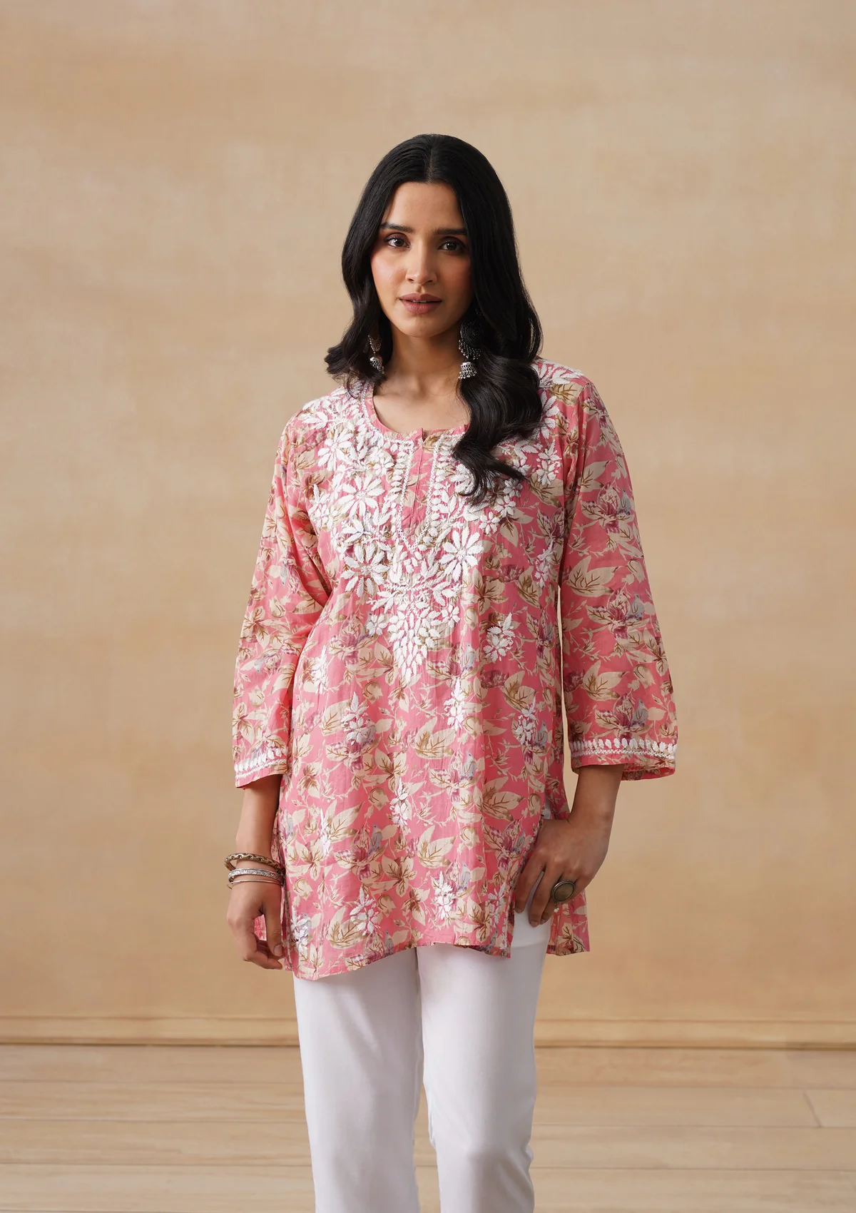 HOC Mulmul Chikankari Printed Women's Short Kurta - Coral