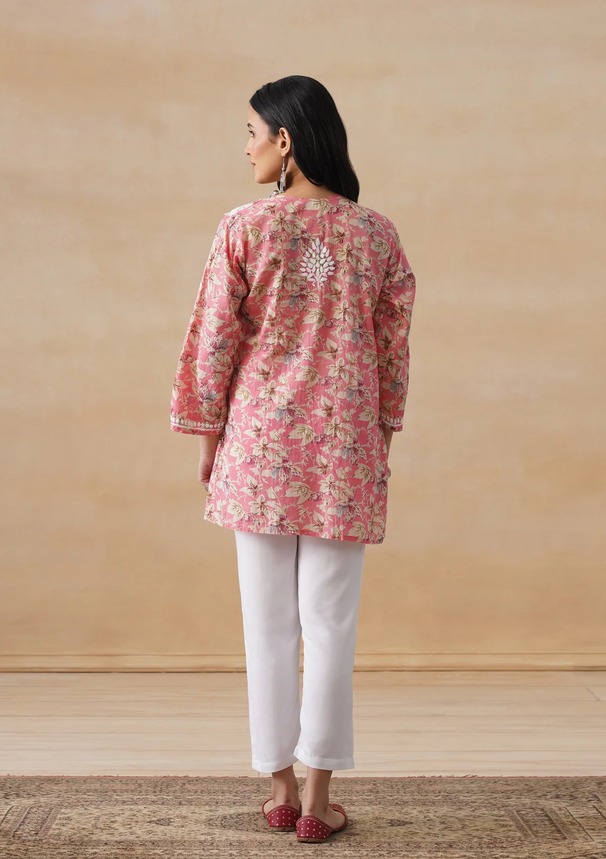 HOC Mulmul Chikankari Printed Women's Short Kurta - Coral - Image 10
