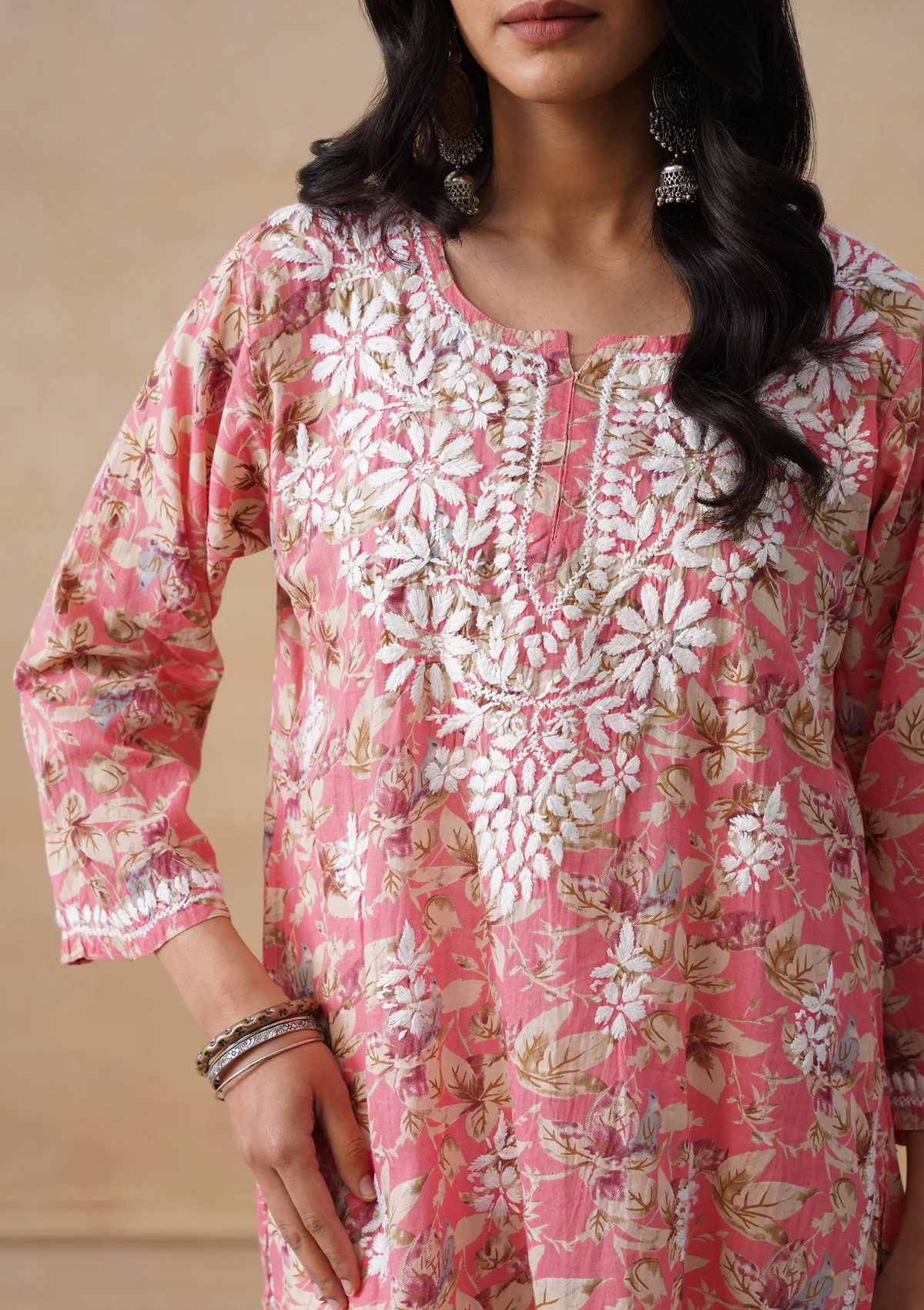 HOC Mulmul Chikankari Printed Women's Short Kurta - Coral - Image 6