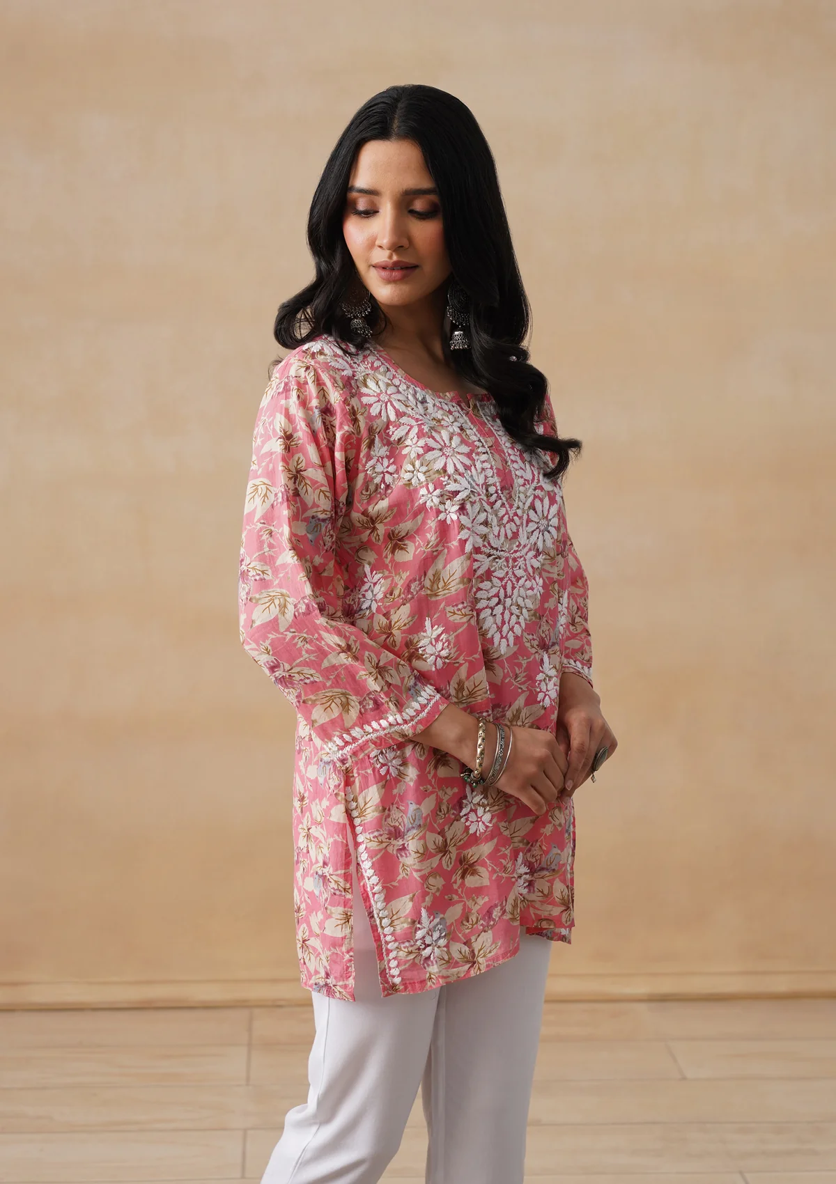 HOC Mulmul Chikankari Printed Women's Short Kurta - Coral - Image 8
