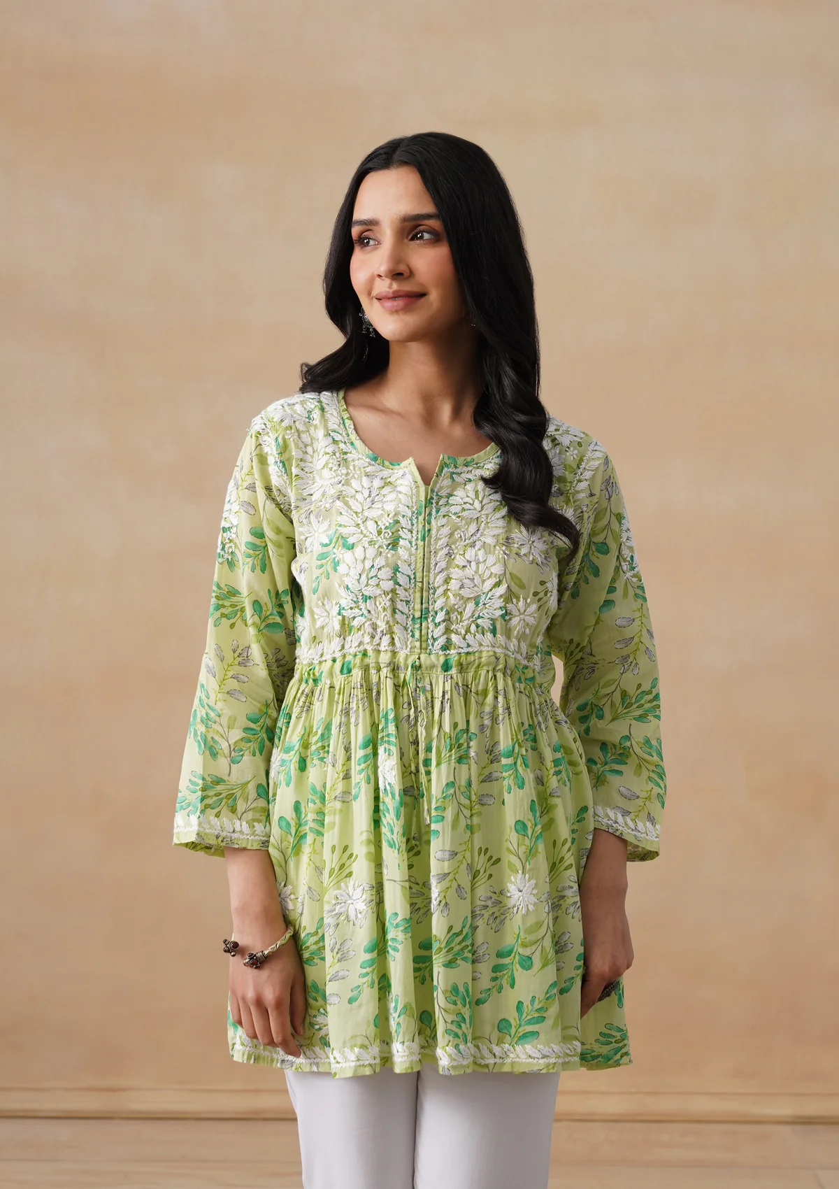 HOC Mulmul Chikankari Printed Women's Short Kurta - Green