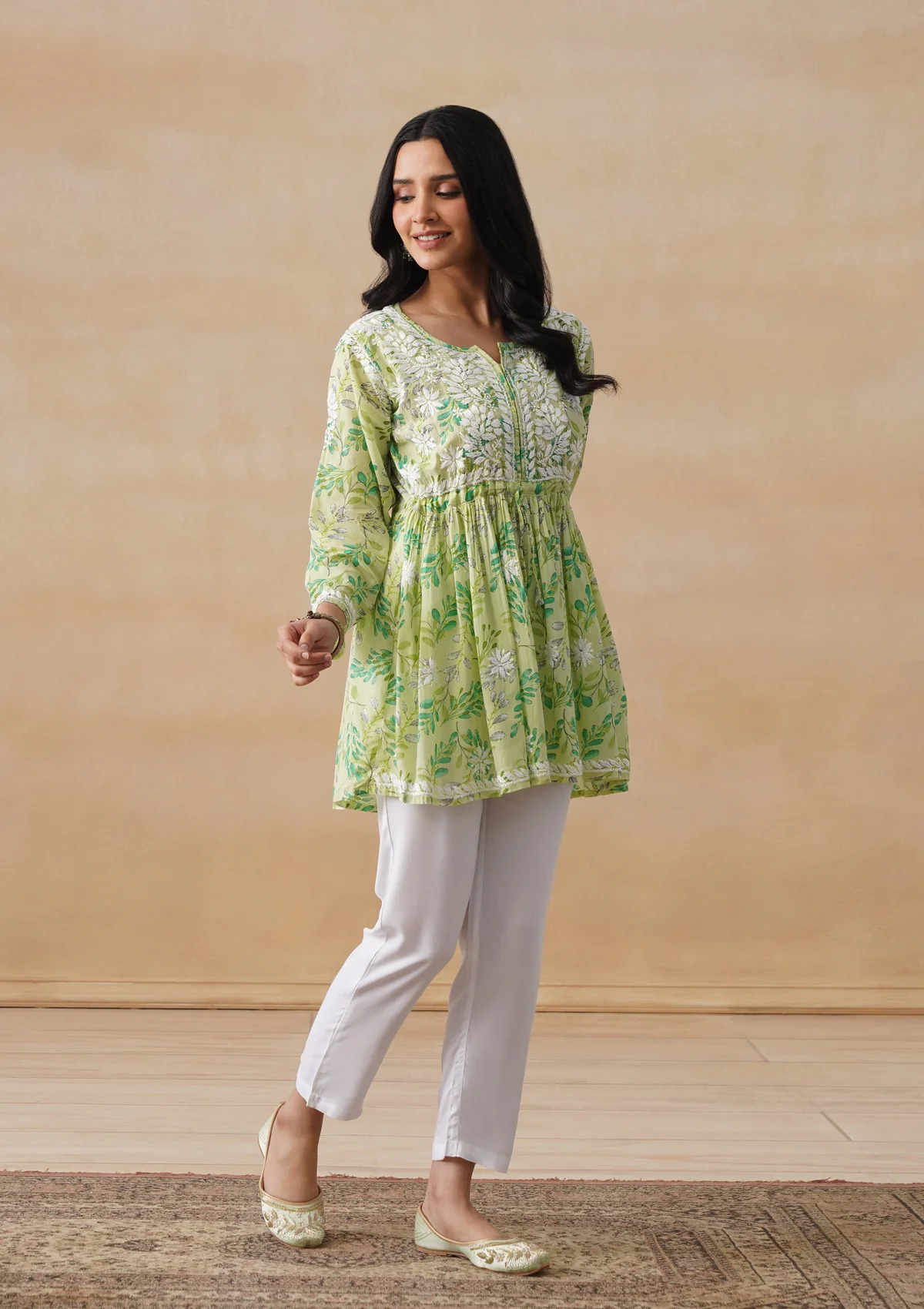 HOC Mulmul Chikankari Printed Women's Short Kurta - Green - Image 3