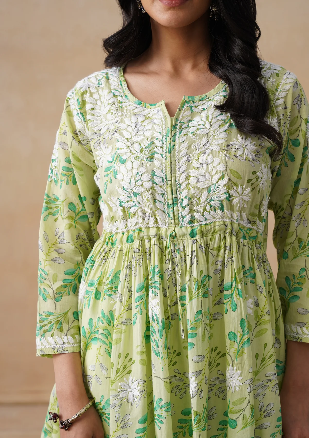 HOC Mulmul Chikankari Printed Women's Short Kurta - Green - Image 4