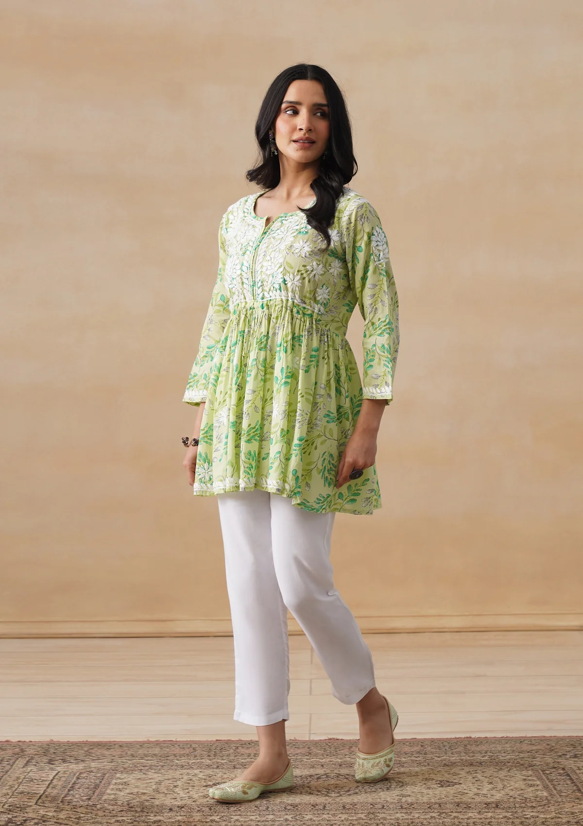 HOC Mulmul Chikankari Printed Women's Short Kurta - Green - Image 6