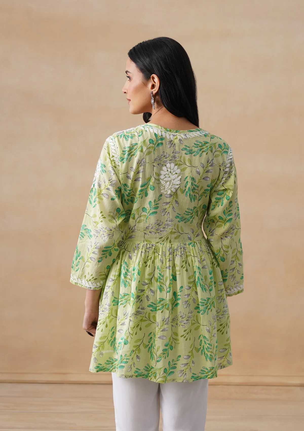 HOC Mulmul Chikankari Printed Women's Short Kurta - Green - Image 7