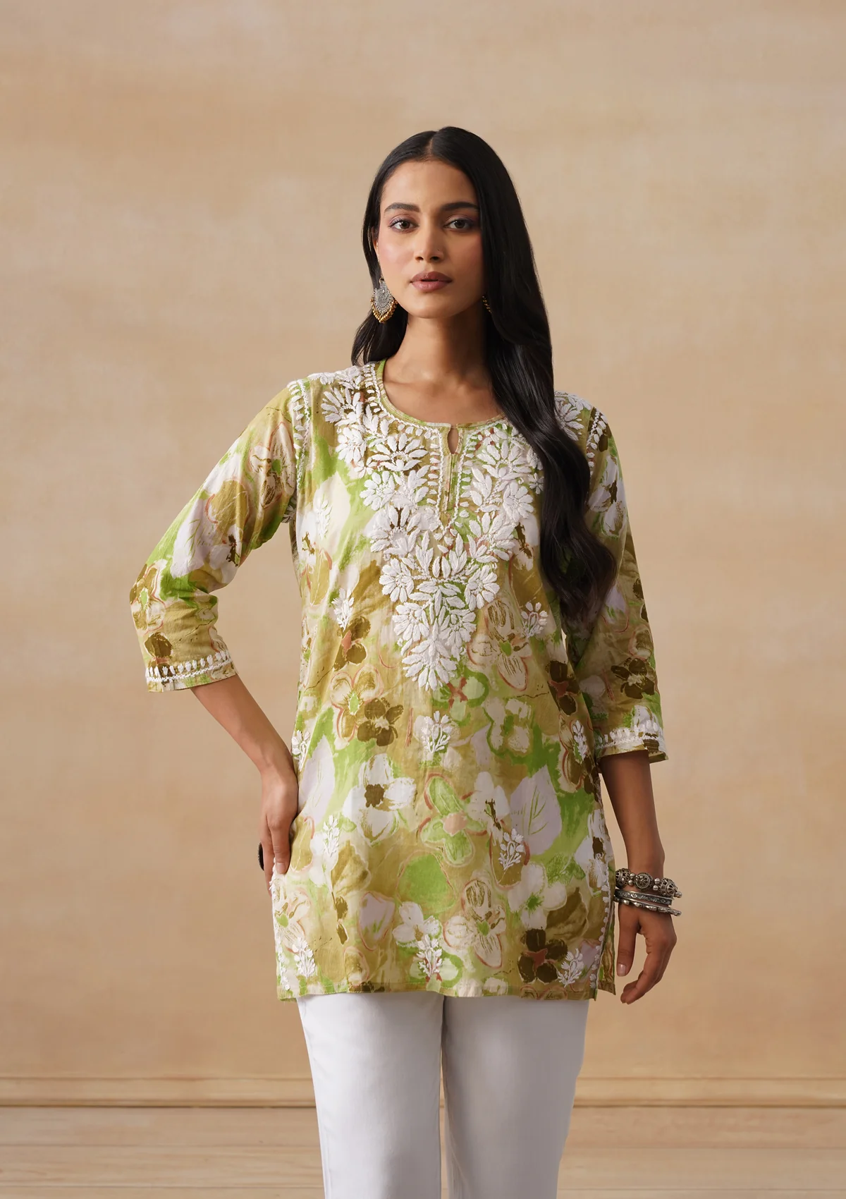 HOC Mulmul Chikankari Printed Women's Short Kurta - Green