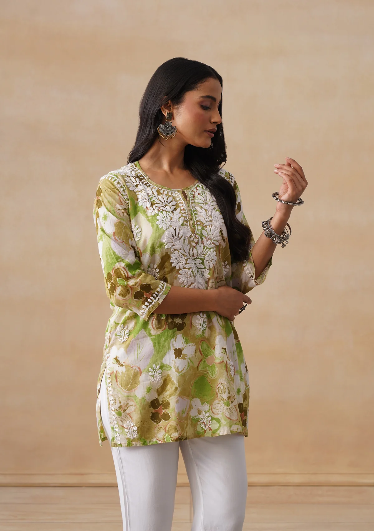 HOC Mulmul Chikankari Printed Women's Short Kurta - Green - Image 2
