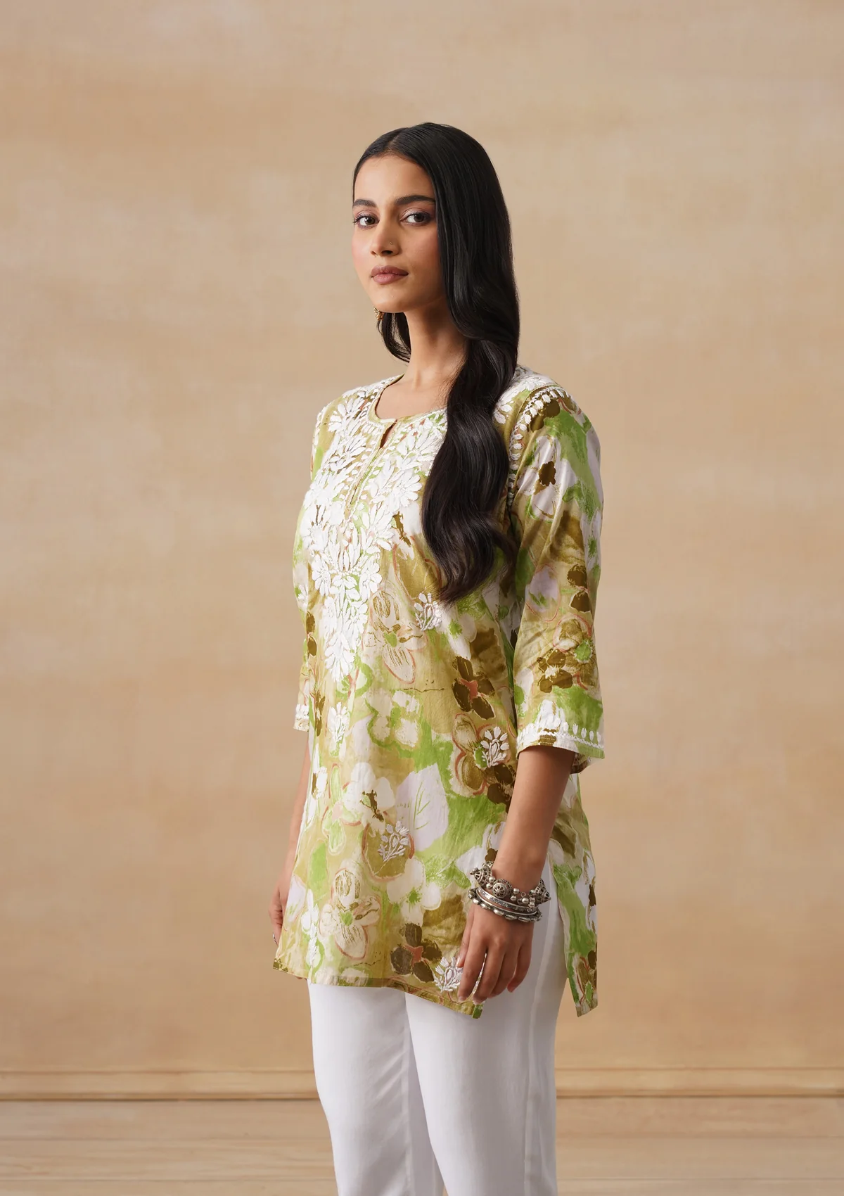 HOC Mulmul Chikankari Printed Women's Short Kurta - Green - Image 4