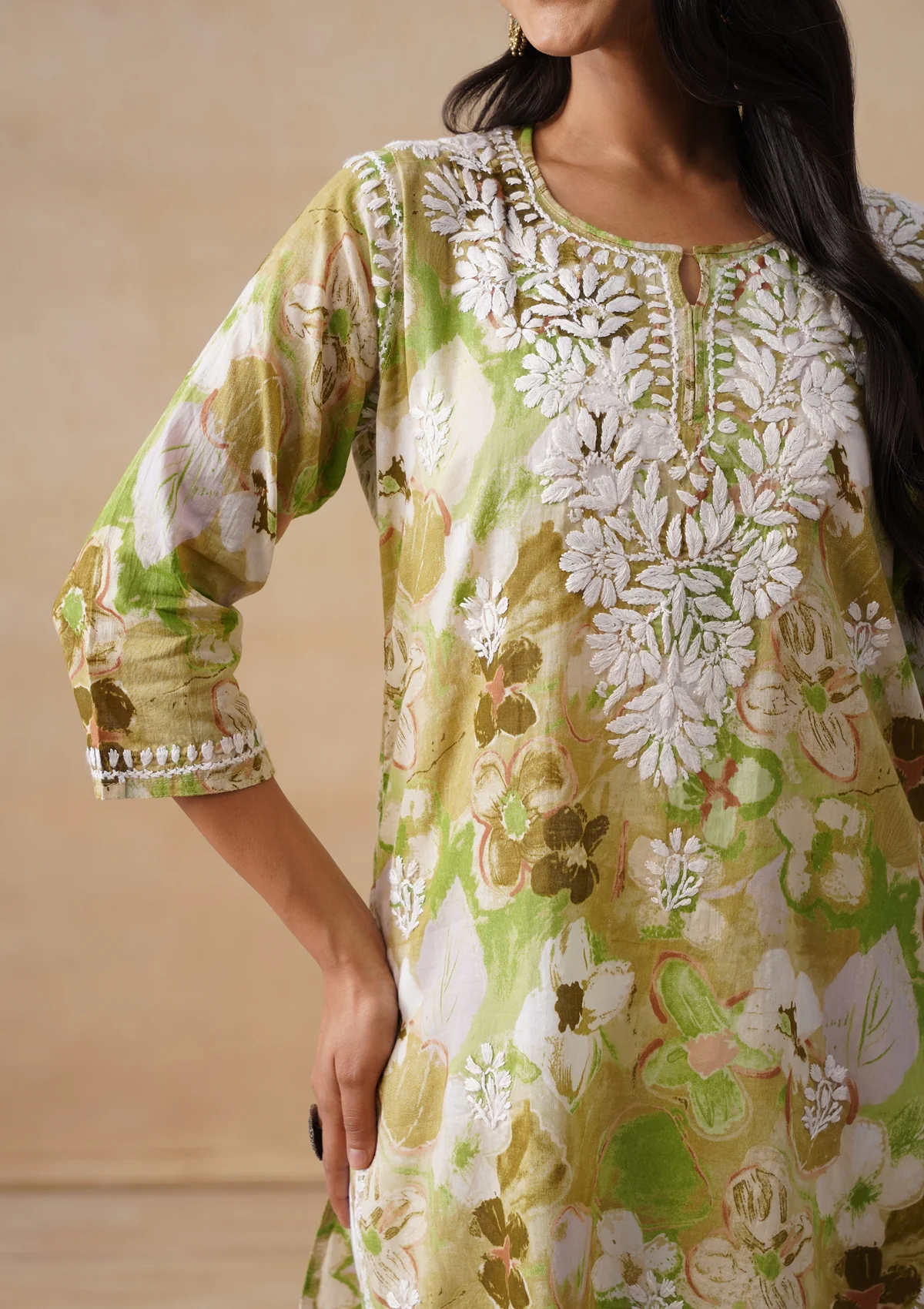 HOC Mulmul Chikankari Printed Women's Short Kurta - Green - Image 7