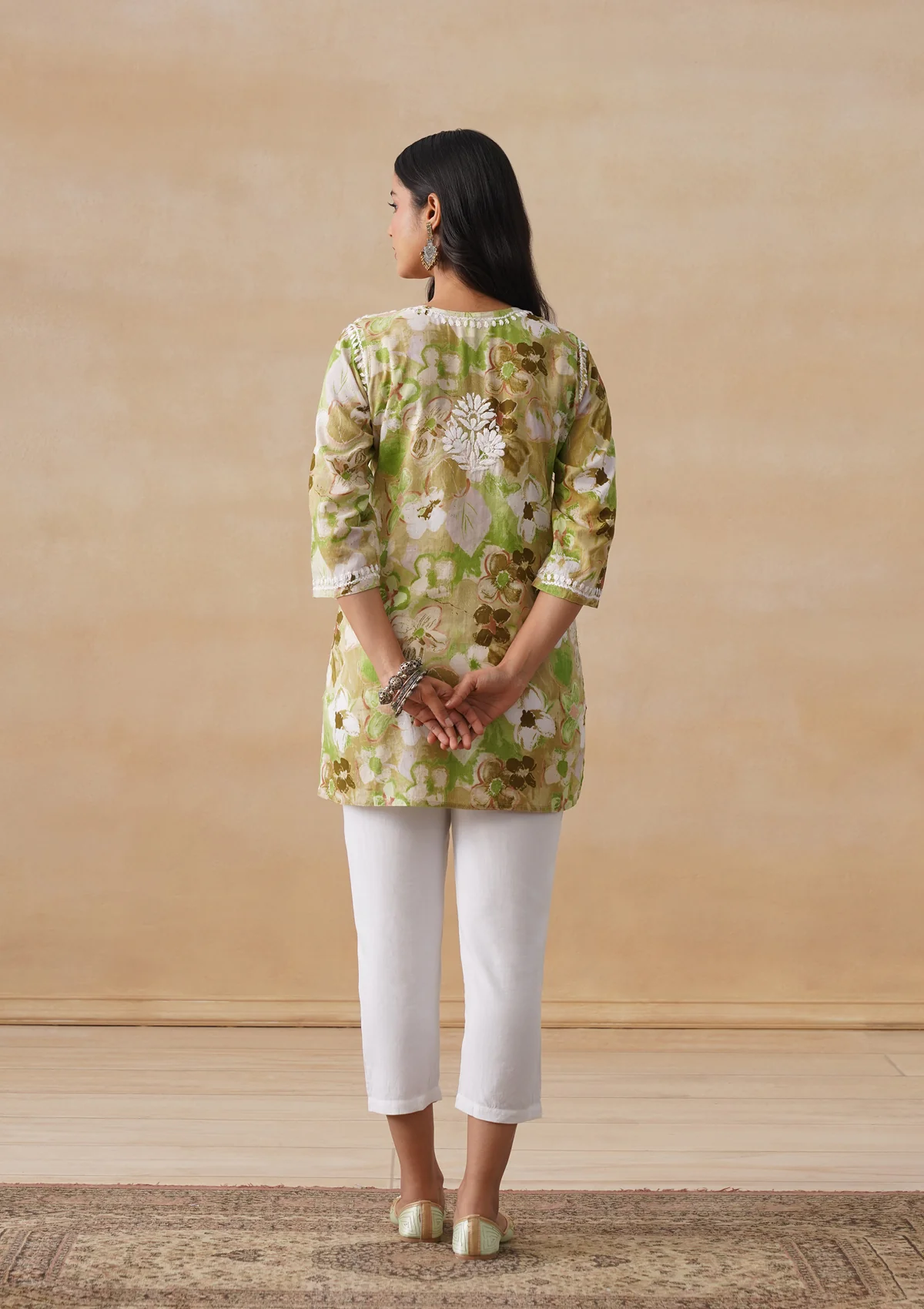 HOC Mulmul Chikankari Printed Women's Short Kurta - Green - Image 9