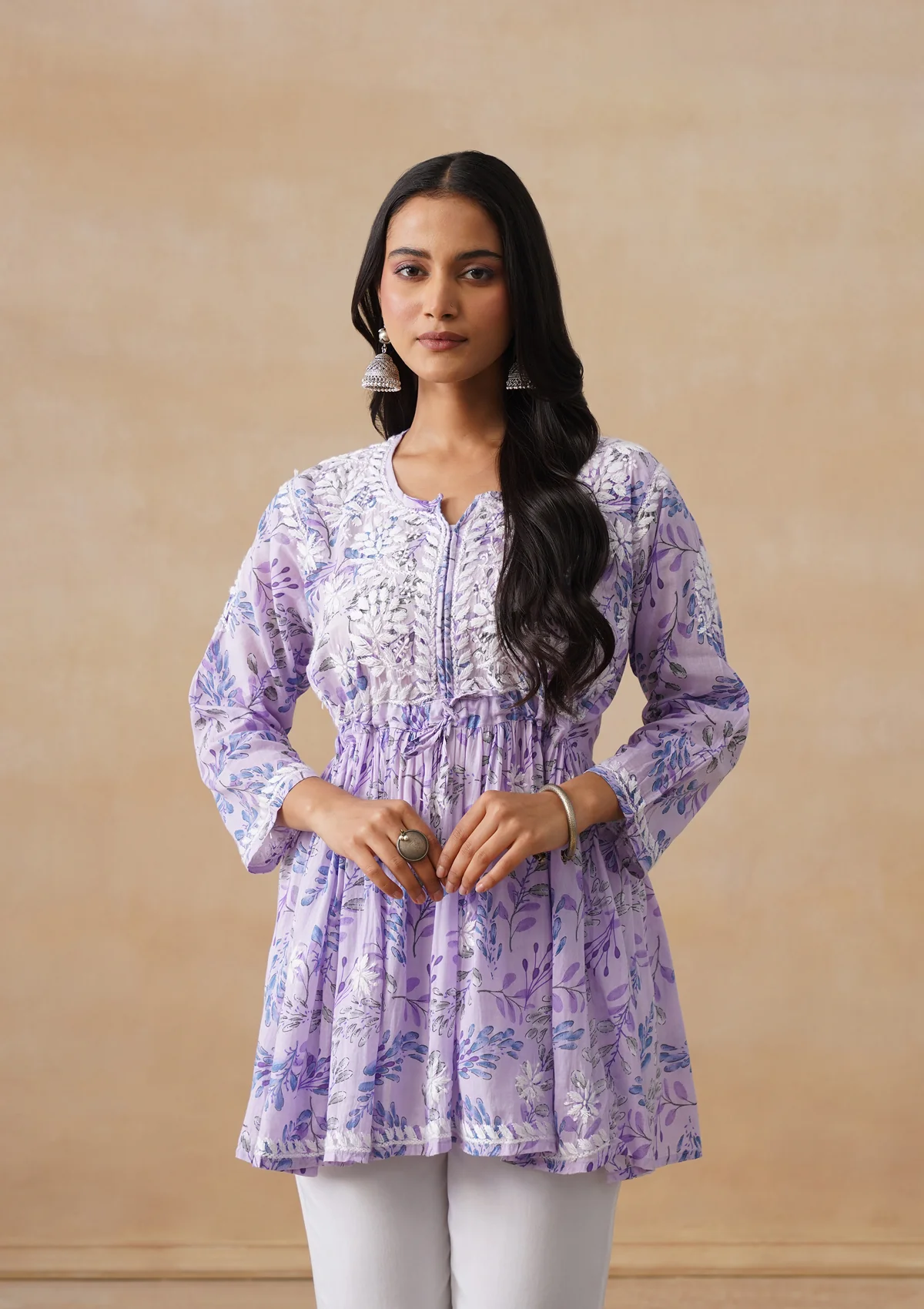 HOC Mulmul Chikankari Printed Women's Short Kurta - Lavender