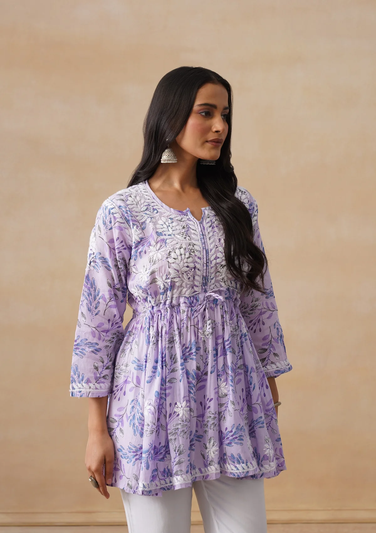 HOC Mulmul Chikankari Printed Women's Short Kurta - Lavender - Image 10