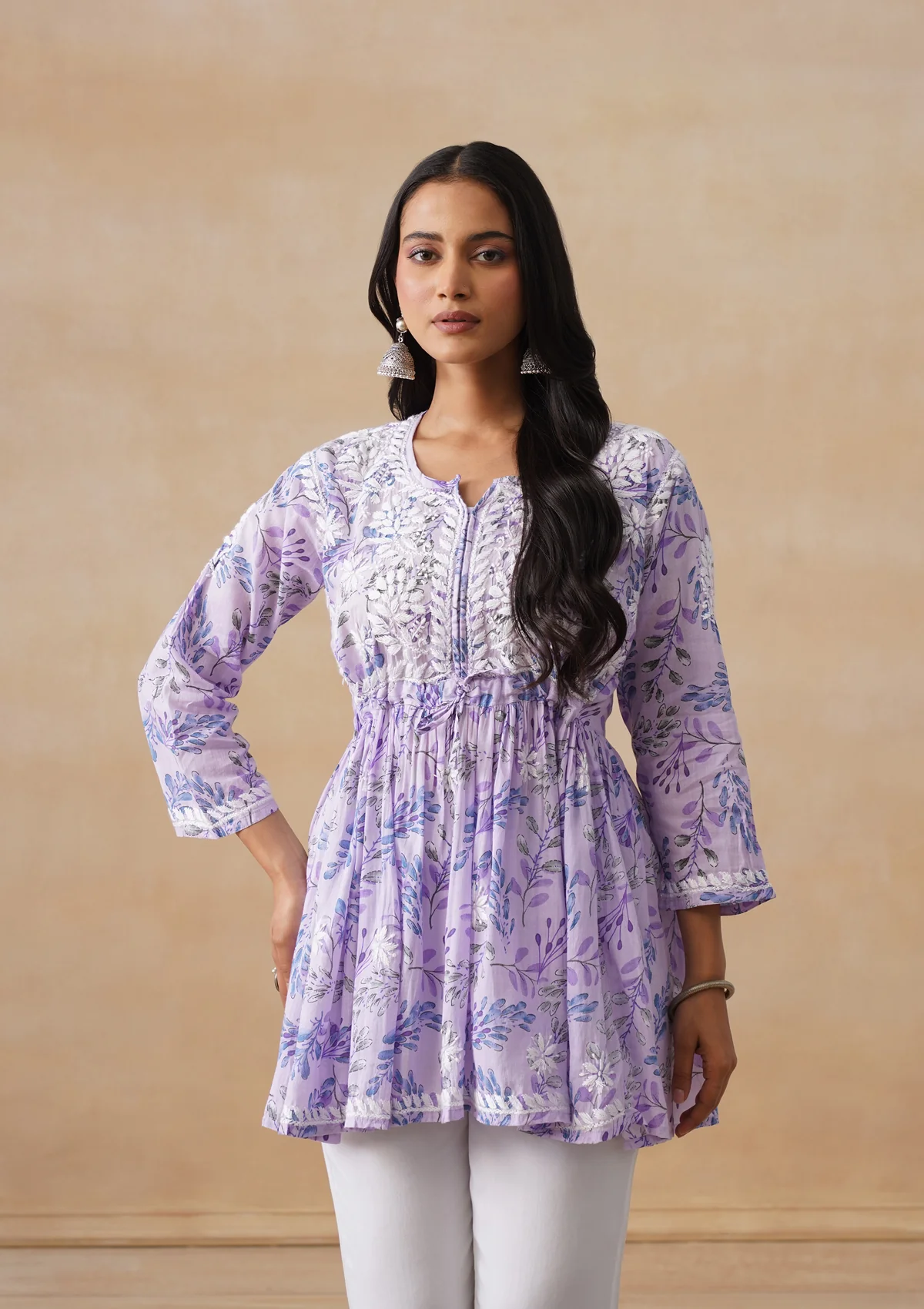 HOC Mulmul Chikankari Printed Women's Short Kurta - Lavender - Image 2