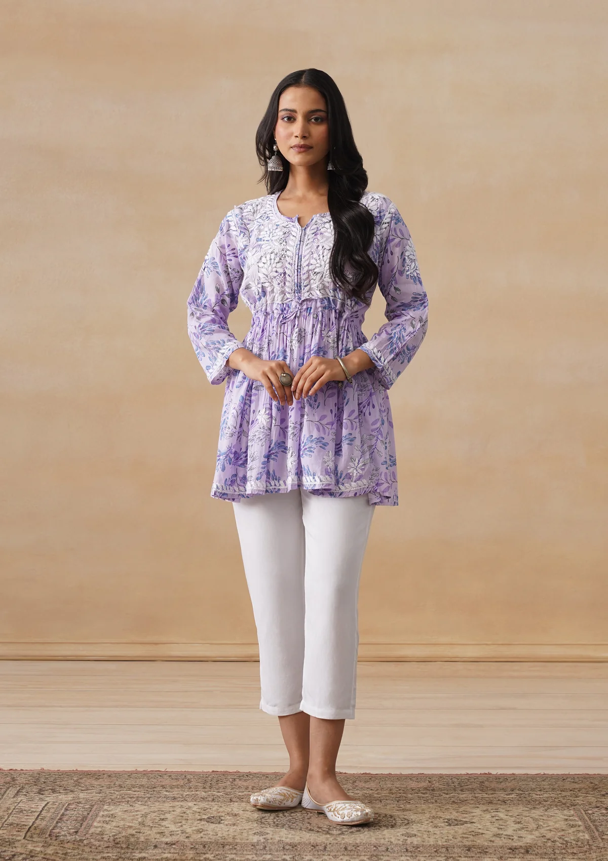 HOC Mulmul Chikankari Printed Women's Short Kurta - Lavender - Image 3